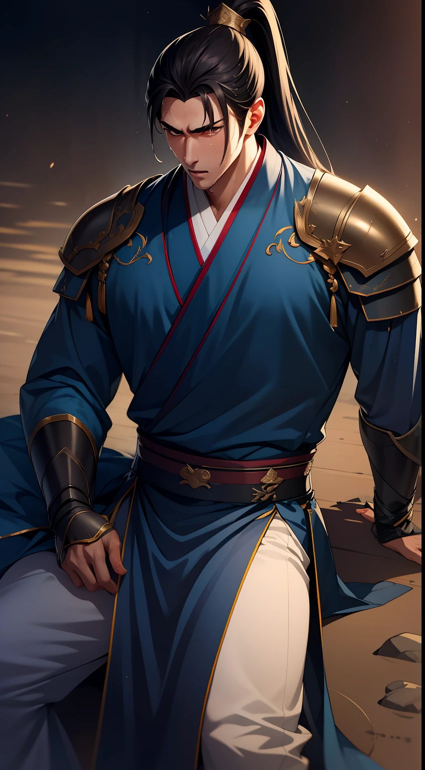 quadratic element,style of anime,mtu(Male Warrior),musculature,The proportions are correct,Face details,swordsmen,High ponytail hairstyle,perspired,Sweat on the face,drools,Neck details,There is an Adam's apple,Get wet,Drenched,Black Hanfu,kaftan,Embroidered robes,Black robe,clothes details,Handing over,longer sleeves,Game quality,Swordsmanship,Light and shadow tracking,Ray traching,detailed glow,cg render,hair detail,cabelos preto e longos,Golden eyes,Sweat on the face,Handsome,Handsome,Beads of sweat slipped down my neck,(juvenile sense),Clothing is complicated,Drenched,Get wet,Perfectcomposition,Refinement,high qulity,higher details,Lots of details,The background is complex,a sense of atmosphere,