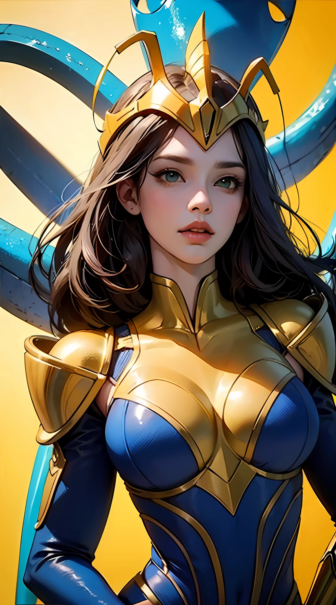 Cartoon photo of busty woman in blue and green and yellow costume、Hot insect humanoid female、Guyver Style、SFW version、Scarabeleploid、tail、Cel Shade Adult Animation、Alien Queen、Core Crystal、