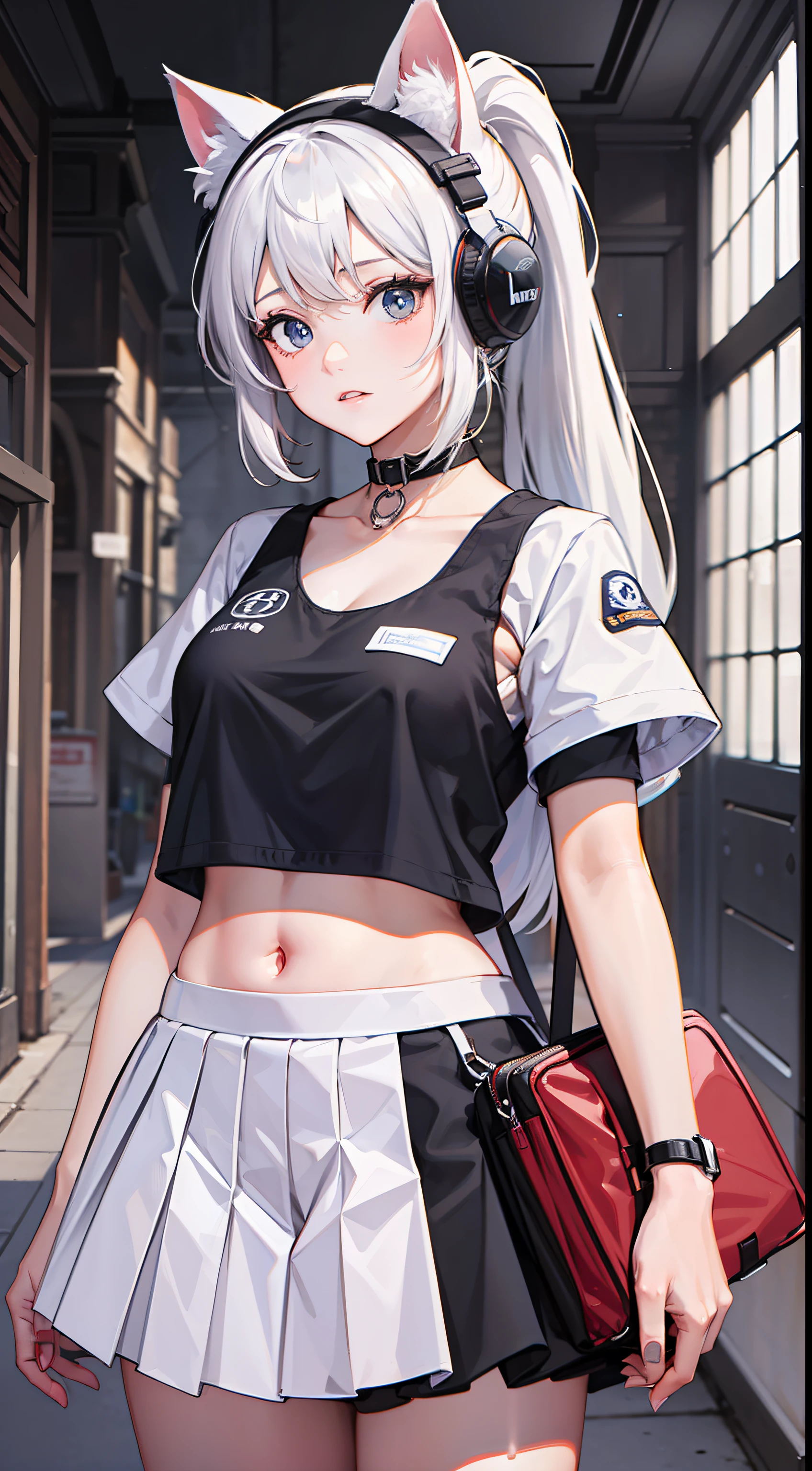 A girl, (adult female: 1.21), white short sleeves, with a white helmet, (collarbone: 1.1), (white vest: 1.11), (belly button), (white long hair: 1.1), ponytail, black eyes, Pleated skirts, skirts, busts, dove circles, carrier pigeons, cat helmets, Band-Aids, wounds, busts,