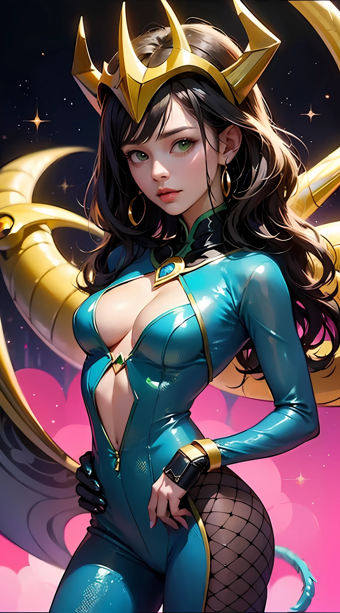 Cartoon photo of busty woman in blue and green and yellow costume、Hot insect humanoid female、Guyver Style、SFW version、Scarabeleploid、tail、Cel Shade Adult Animation、Alien Queen、Core Crystal、