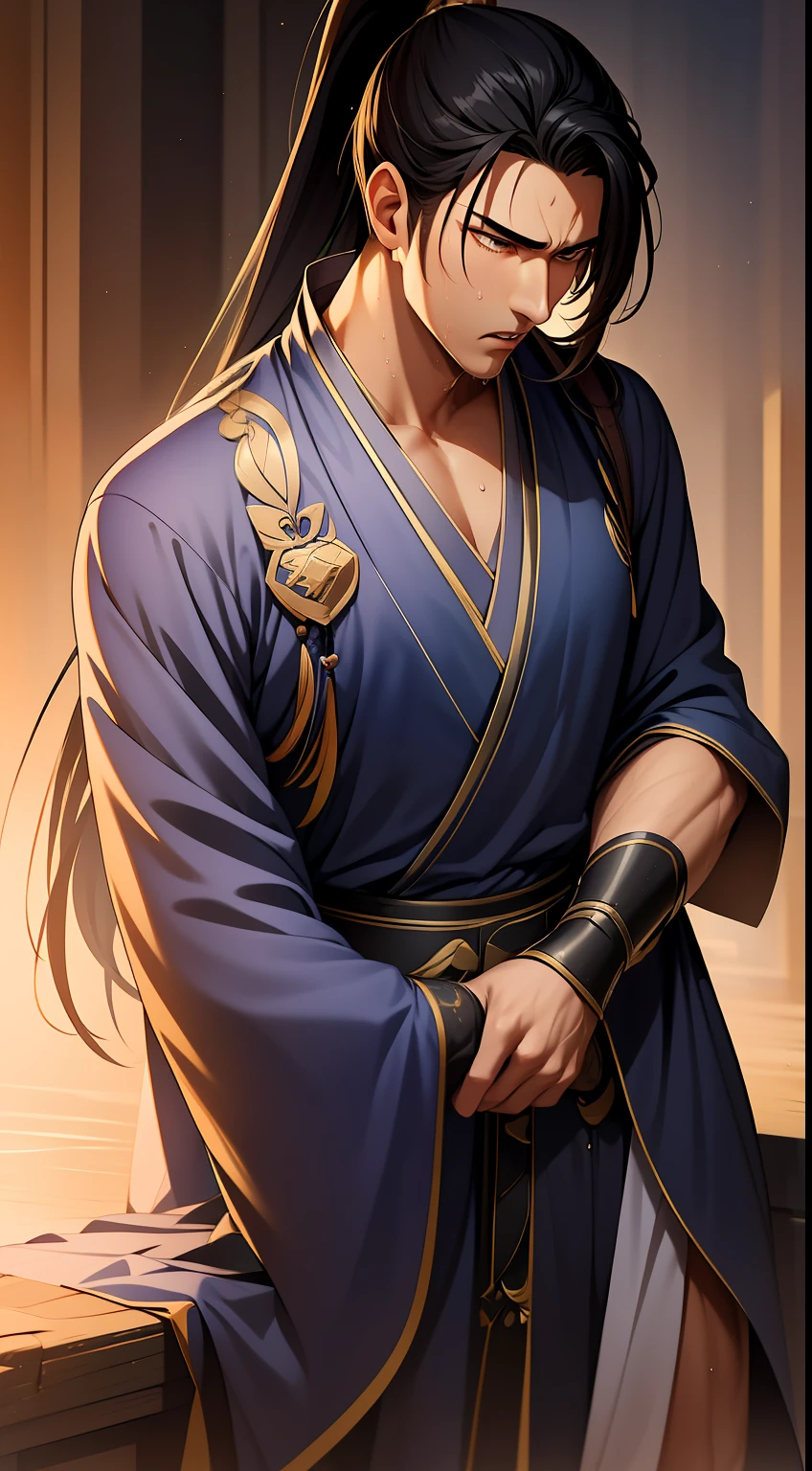quadratic element,style of anime,mtu(Male Warrior),musculature,The proportions are correct,Face details,swordsmen,High ponytail hairstyle,perspired,Sweat on the face,drools,Neck details,There is an Adam's apple,Get wet,Drenched,Black Hanfu,kaftan,Embroidered robes,Black robe,clothes details,Handing over,longer sleeves,Game quality,Swordsmanship,Light and shadow tracking,Ray traching,detailed glow,cg render,hair detail,cabelos preto e longos,Golden eyes,Sweat on the face,Handsome,Handsome,Beads of sweat slipped down my neck,(juvenile sense),Clothing is complicated,Drenched,Get wet,Perfectcomposition,Refinement,high qulity,higher details,Lots of details,The background is complex,a sense of atmosphere,