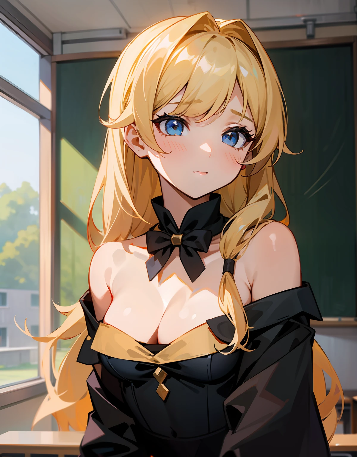 one-girl,Off-the-shoulder attire,cleavage,Tiny breasts,looks into camera,sportrait,closeup cleavage,golden hair,比基尼,school ground,Classroom,Learn