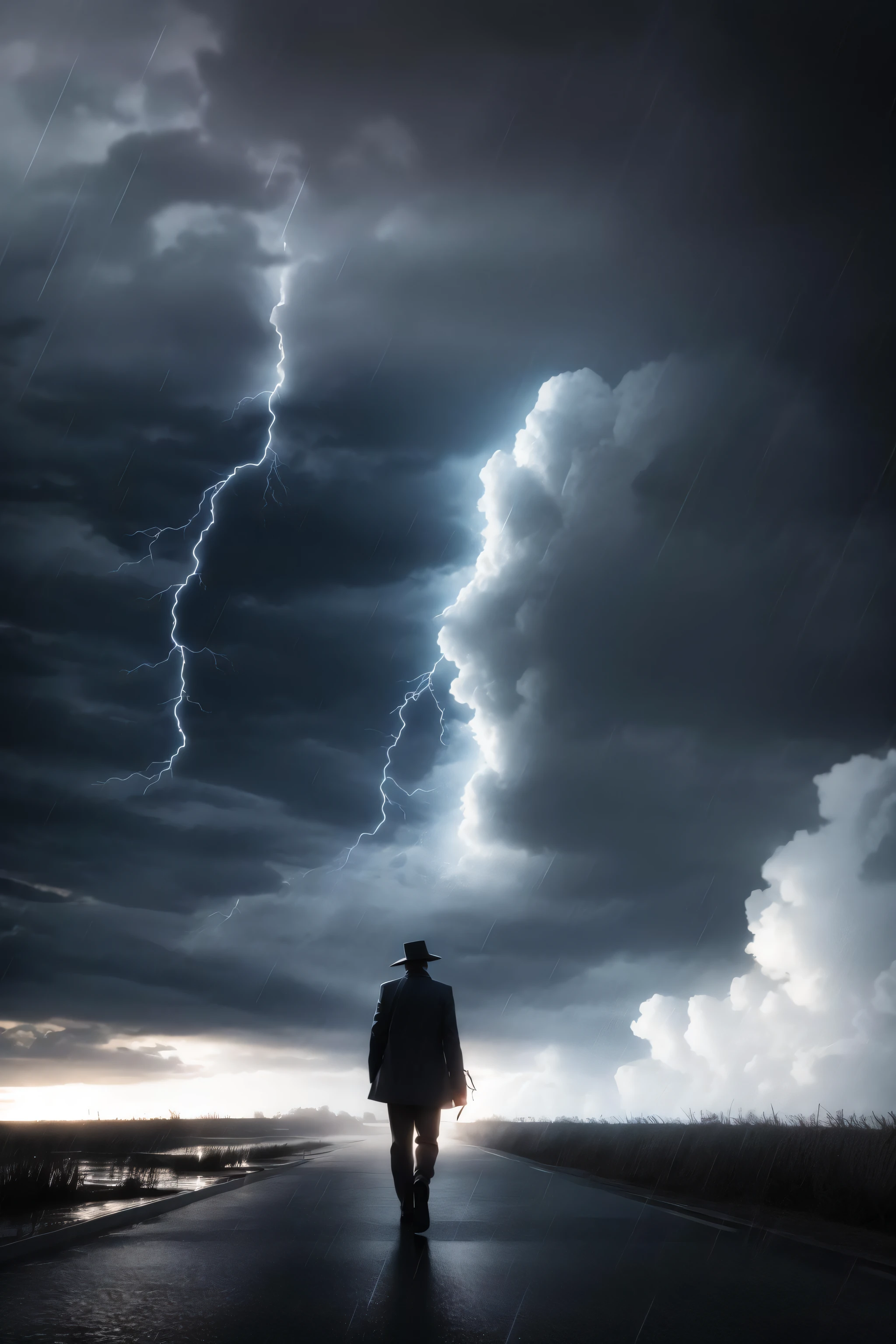 ultra detailed 8k cg, a man walking down an isle, storm, rain