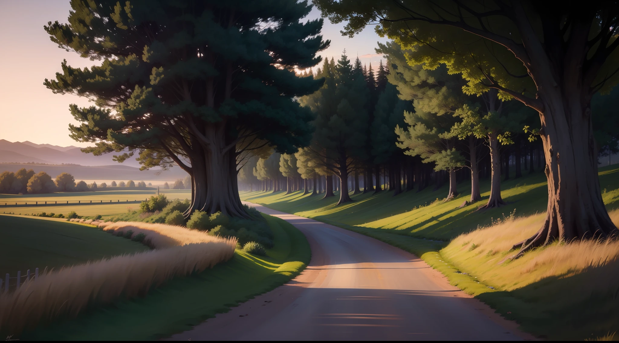 Twilight evening country path，evening light，light wind，
