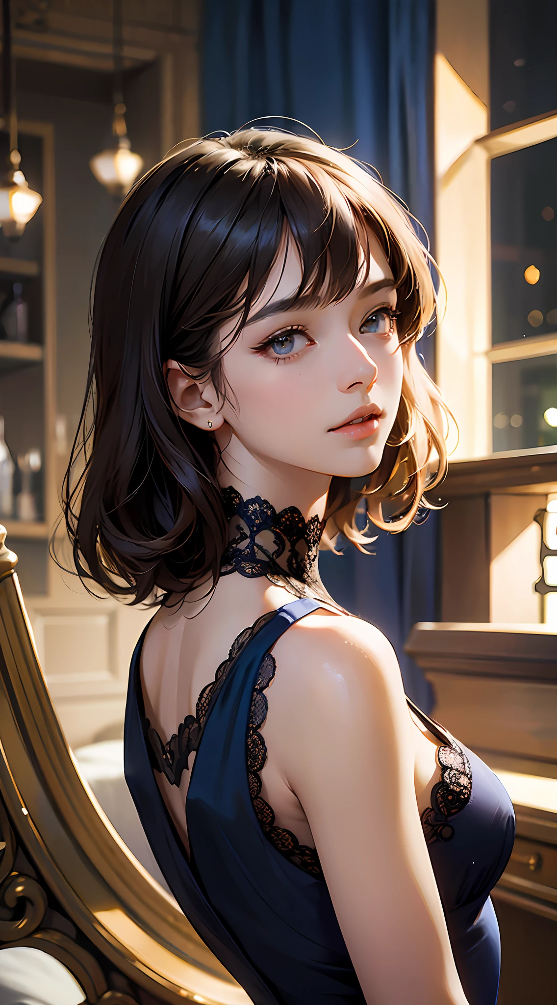 (airport:1), PM, (Dark blue gown:1), Golden Fringe Shorthair, Light brown eyes, 1girl in, 20yr old, Innocence, (Photorealsitic), (intricate-detail:1.2),(masterpiece, :1.3),(top-quality:1.4), (超A high resolution:1.2), 超A high resolution, (A detailed eye), (detailed facial features), nffsw, 8K分辨率, (lensflare:0.7), Looks Back,
