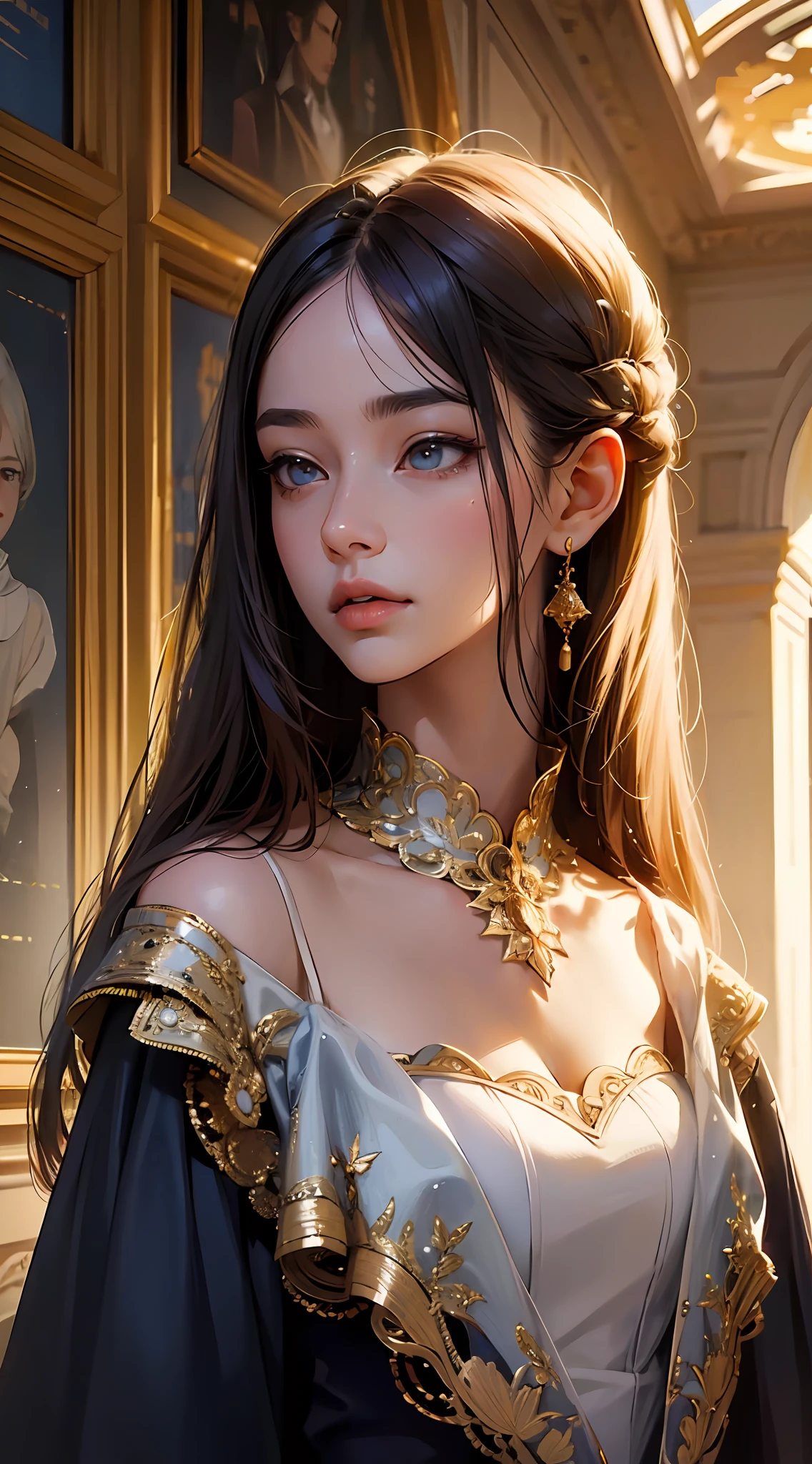 (airport:1), PM, (Dark blue gown:1), Golden Fringe Shorthair, Light brown eyes, 1girl in, 20yr old, Innocence, (Photorealsitic), (intricate-detail:1.2),(masterpiece, :1.3),(top-quality:1.4), (超A high resolution:1.2), 超A high resolution, (A detailed eye), (detailed facial features), nffsw, 8K分辨率, (lensflare:0.7), Looks Back,