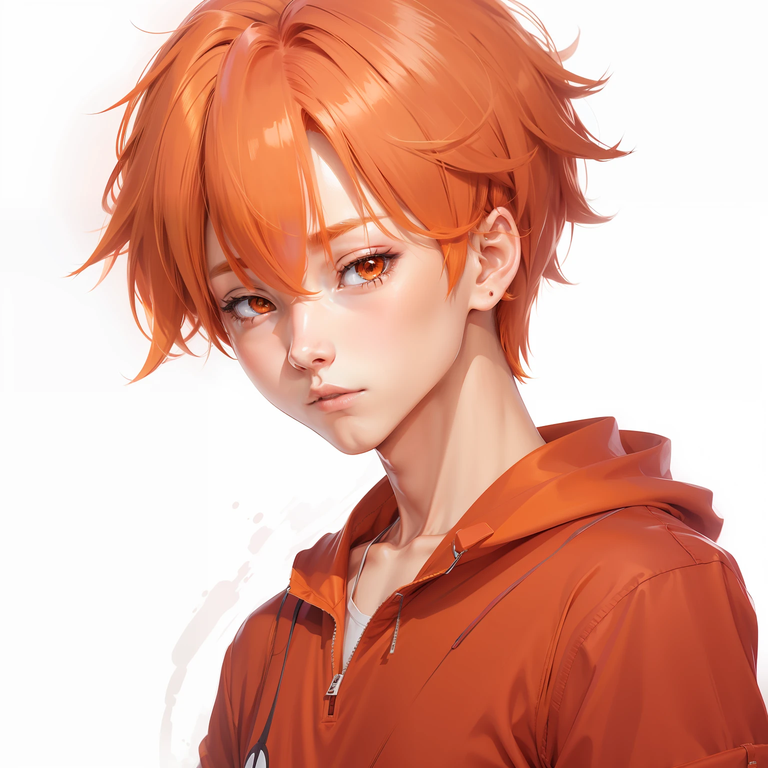 Anime boy, orange hair, cool face, orange outfit, ultra realistic