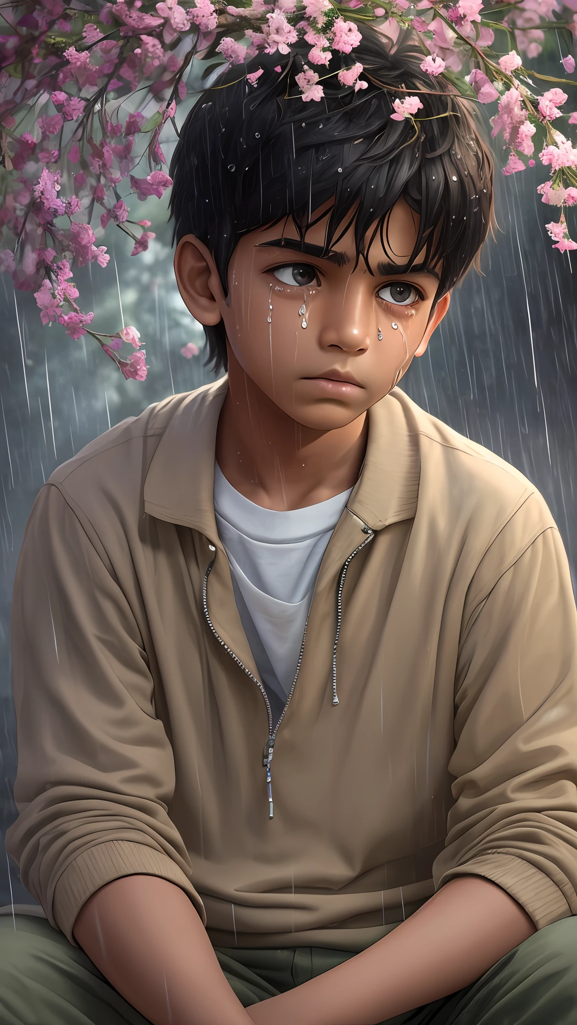 Create an image that depicts a lonely boy sitting on a park bench, looking down with a somber expression. The sky above is overcast, and a few raindrops start to fall. Surround the boy with wilted flowers, symbolizing the feeling of sadness and isolation. Add a caption that reads, 'Sometimes, the rain reflects the tears we hide.'" hyper realistic, intricate details, extremely detailed face, High Res, indian boy, cinematography,   HDR,  5 --auto --s2