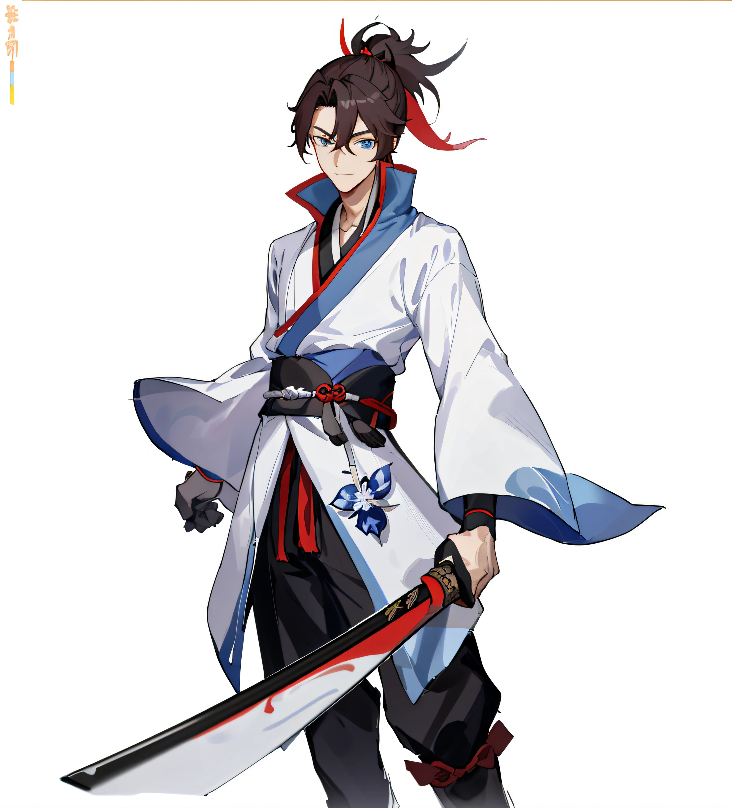 Close-up of a man in a white shirt and red and blue belt, heise jinyao, zhongli from genshin impact, Keqing from Genshin Impact, zhao yun, shirow masamune, onmyoji portrait,The eyes look to the left front,Calm smile,The ponytail is tied high,With a red daze on his head,A man with delicate facial features,blue color eyes