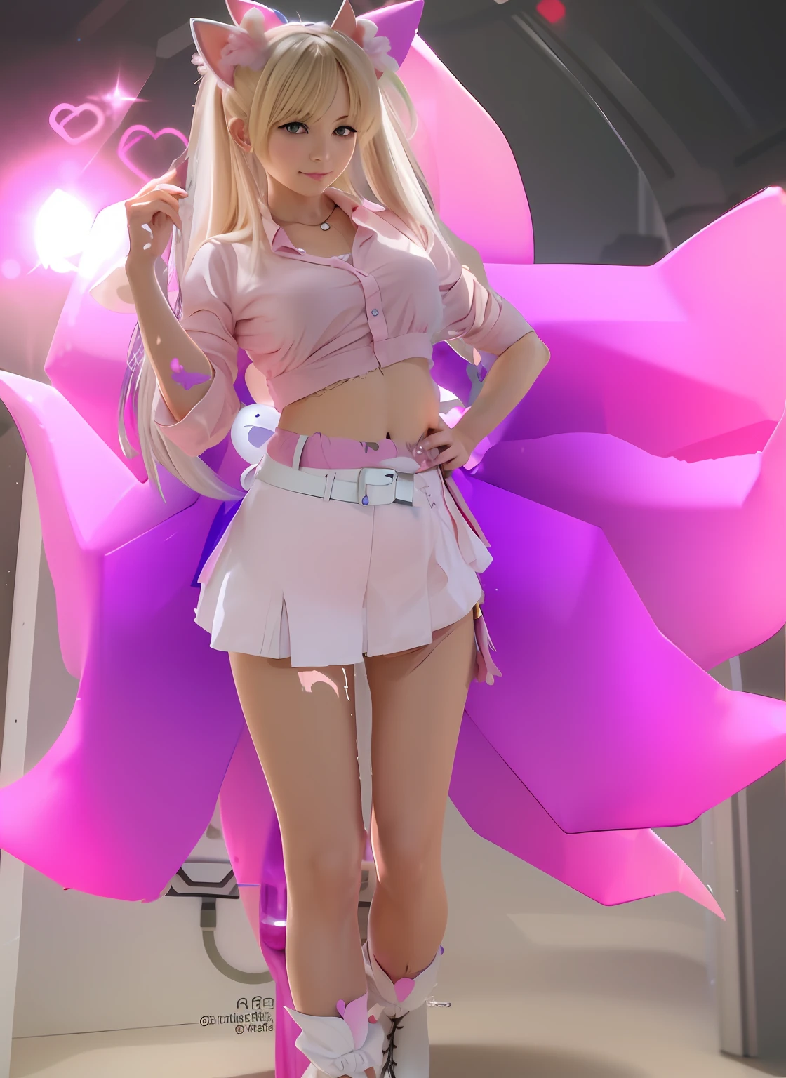 Close up portrait of woman in short skirt and cat ears, anime styled 3d, realistic anime 3 d style, 🌺 cgsociety, Anime style. 8K, render of a cute 3d anime girl, photorealistic anime girl render, 3 d anime realistic, elf girl wearing an flower suit, Trending on CGSTATION, 3d anime girl、