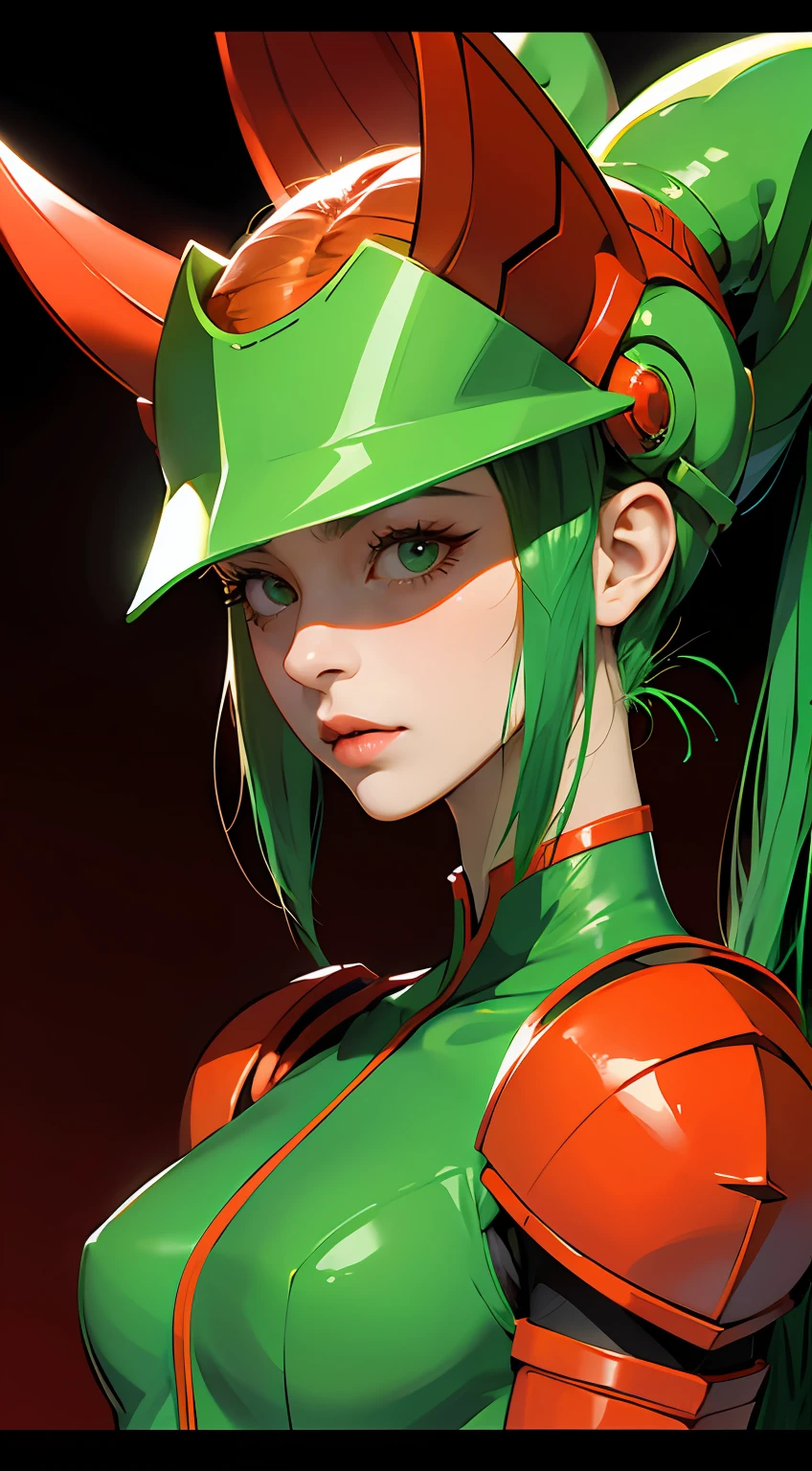 Cartoon photo of woman in green and red costume、Hot insect humanoid female、Guyver Style、SFW version、Scarabeleploid、tail、Cel Shade Adult Animation、Alien Queen、Head visor with crystal attached