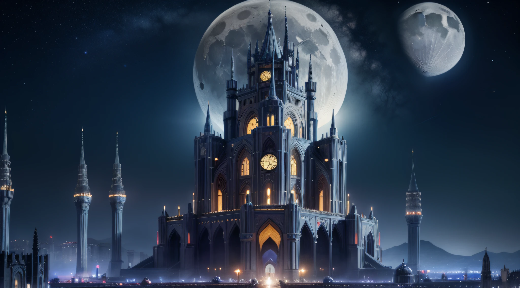 Night view of the city with clock tower and big moon, fantasy capital city, fantasy city background, futuristic persian palace, fantasy cityscape, huge futuristic temple city, background artwork, in fantasy sci - fi city, futuristic palace, in a futuristic desert palace, an ancient city on fire, an alien city, ancient sci - fi city, fantasy city