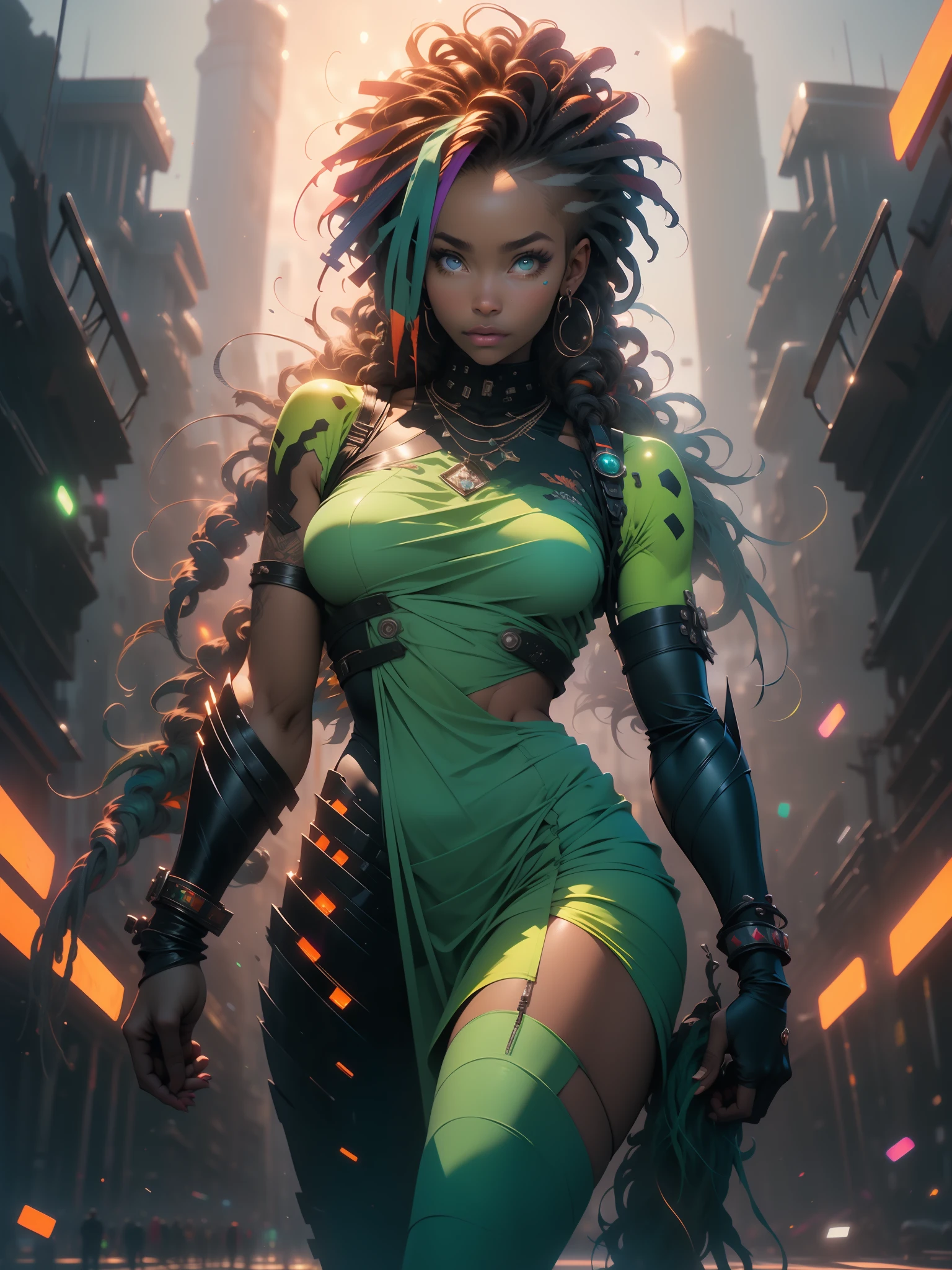 ((Best quality)), ((masterpiece)), (detailed: 1.4), Zulu African warrior woman, dark beautiful African skin tone:1.1, African bracelets and necklaces, black skin, (kemet, african, nigerian clothing with spectacular tribal wakanda, kemetic designs, explosion of colors, cosmic tattoo, nebulous, muscular sculptural body defined, whole body, half thick naked thighs, closed mouth, body covered by technological clothing, Neon Genesis Evangelion style, cyberpunk, generous neckline, ((perfect medium breasts)), (super light blue eyes), ((totally dark green and orange clothing)), (((hair with dreadlocks)))), long eyelashes and black heavy makeup, various African jewelry, garter belt made with barbed wire, by mucha, niji --V5, close to real, psychopath, crazy face, sexy pose, fractal background, 2 pieces clothing, pastel, centered, scale to fit the dimensions, HDR (High Dynamic Range),Ray Tracing,NVIDIA RTX, Super-Resolution,Unreal 5,Subsurface Dispersion, PBR Texture, Post-processing, Anisotropic Filtering, Depth of Field, Maximum Clarity and Sharpness, Multilayer Textures, Albedo and Specular Maps, Surface Shading, Accurate Simulation of Light-Material Interaction, Perfect Proportions, Octane Render, Two-Tone Lighting, Wide Aperture, Low ISO, White Balance, Rule of Thirds, 8K RAW, Crysisnanosuit