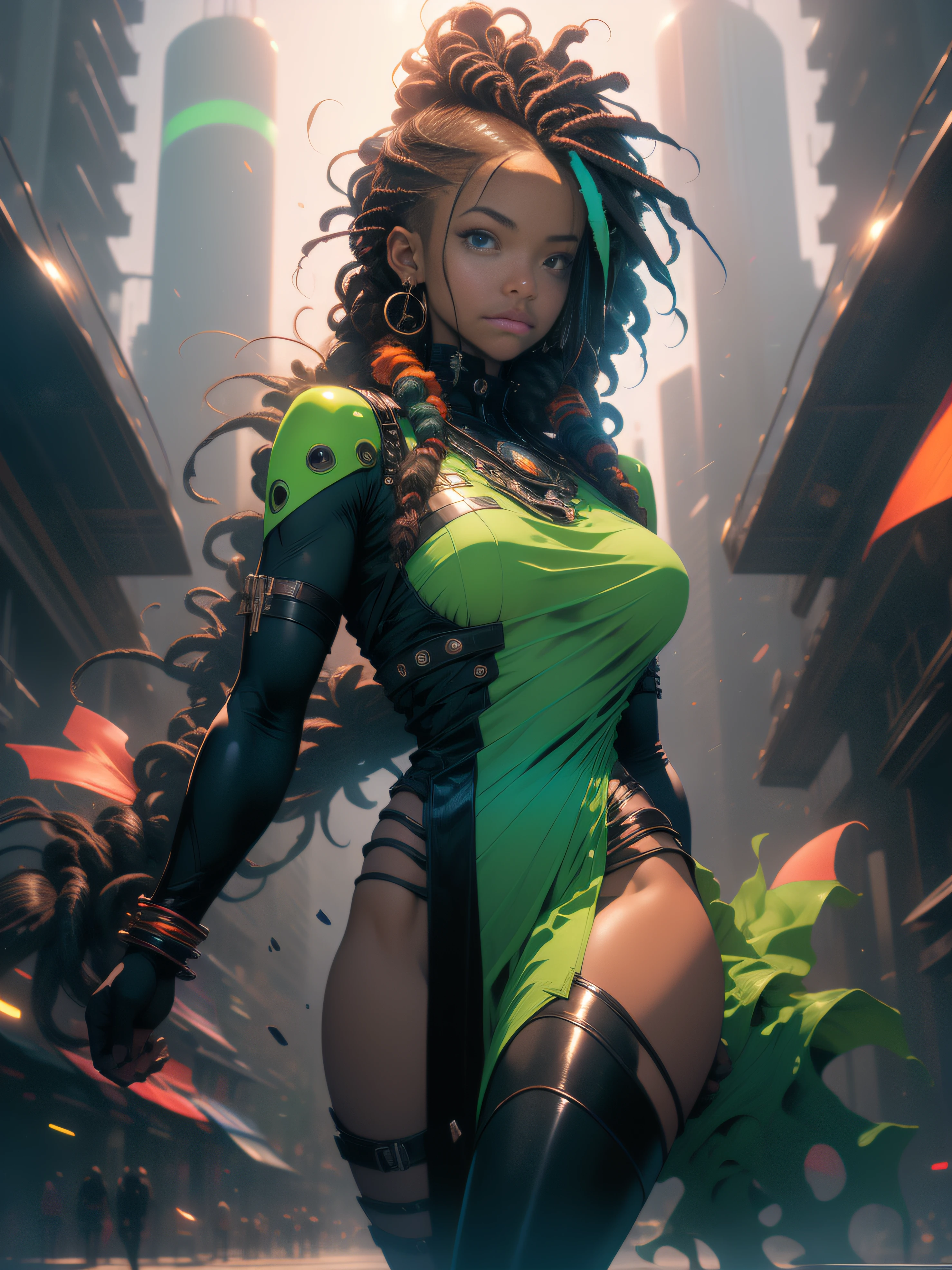 ((Best quality)), ((masterpiece)), (detailed: 1.4), Zulu African warrior woman, dark beautiful African skin tone:1.1, African bracelets and necklaces, black skin, (kemet, african, nigerian clothing with spectacular tribal wakanda, kemetic designs, explosion of colors, cosmic tattoo, nebulous, muscular sculptural body defined, whole body, half thick naked thighs, closed mouth, body covered by technological clothing, Neon Genesis Evangelion style, cyberpunk, generous neckline, ((perfect medium breasts)), (super light blue eyes), ((totally dark green and orange clothing)), (((hair with dreadlocks)))), long eyelashes and black heavy makeup, various African jewelry, garter belt made with barbed wire, by mucha, niji --V5, close to real, psychopath, crazy face, sexy pose, fractal background, 2 pieces clothing, pastel, centered, scale to fit the dimensions, HDR (High Dynamic Range),Ray Tracing,NVIDIA RTX, Super-Resolution,Unreal 5,Subsurface Dispersion, PBR Texture, Post-processing, Anisotropic Filtering, Depth of Field, Maximum Clarity and Sharpness, Multilayer Textures, Albedo and Specular Maps, Surface Shading, Accurate Simulation of Light-Material Interaction, Perfect Proportions, Octane Render, Two-Tone Lighting, Wide Aperture, Low ISO, White Balance, Rule of Thirds, 8K RAW, Crysisnanosuit