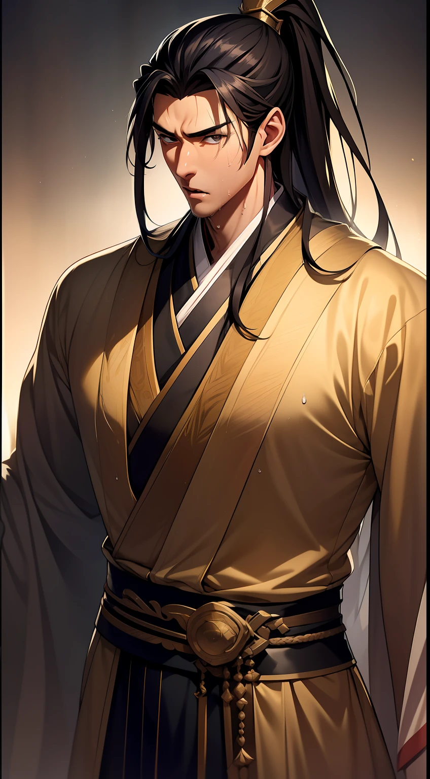 quadratic element，style of anime，mtu（Male Warrior），musculature，The proportions are correct，Face details，swordsmen，High ponytail hairstyle，perspired，Sweat on the face，drools，Neck details，There is an Adam's apple，Get wet，Drenched，Black Hanfu，kaftan，Embroidered robes，Black robe，clothes details，Handing over，longer sleeves，Game quality，Swordsmanship，Light and shadow tracking，Ray traching，detailed glow，cg render，hair detail，cabelos preto e longos，Golden eyes，Sweat on the face，Handsome，Handsome，Beads of sweat slipped down my neck，（juvenile sense），Clothing is complicated，Drenched，Get wet，Perfectcomposition，Refinement，high qulity，higher details，Lots of details，The background is complex，a sense of atmosphere，