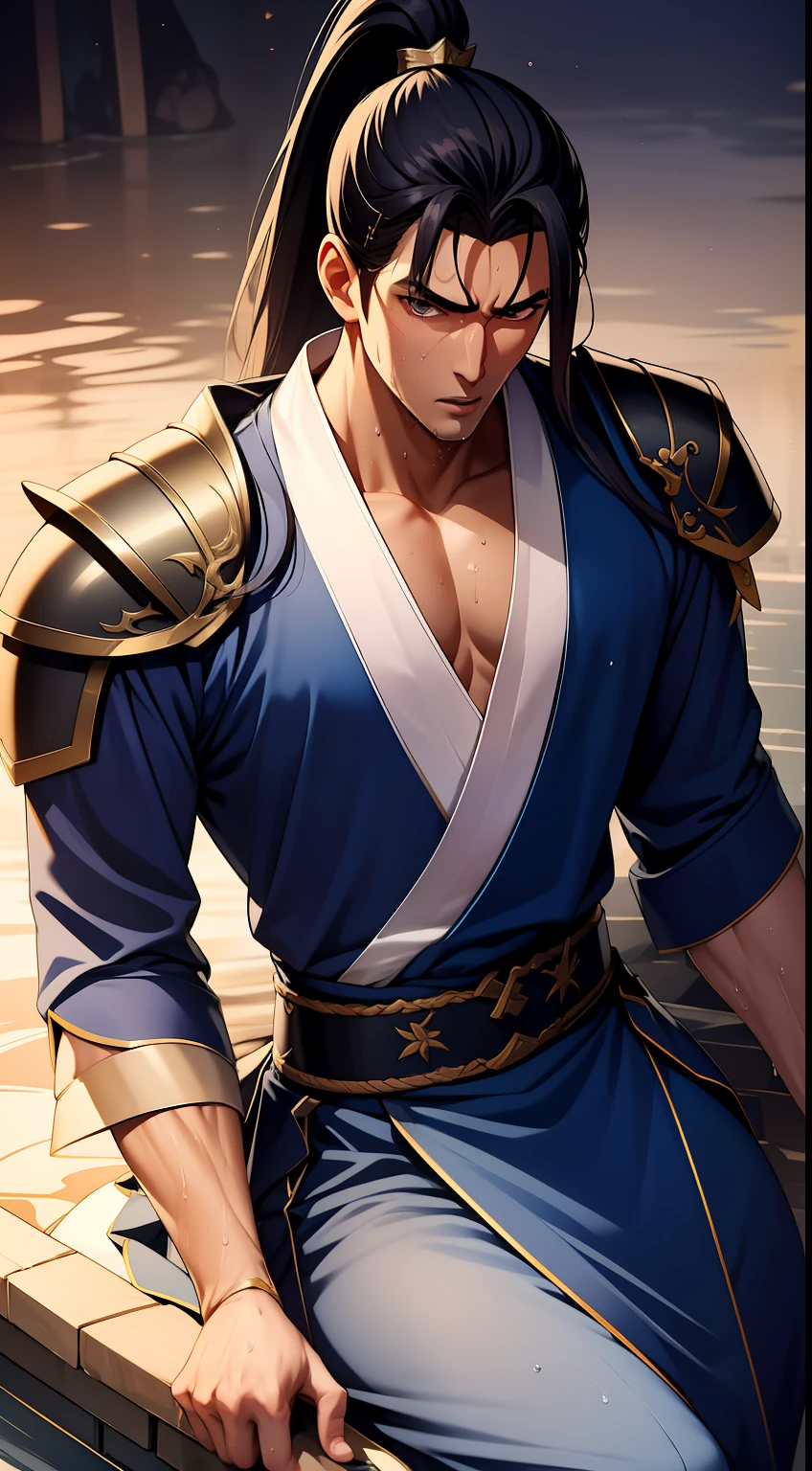 quadratic element，style of anime，mtu（Male Warrior），musculature，The proportions are correct，Face details，swordsmen，High ponytail hairstyle，perspired，Sweat on the face，drools，Neck details，There is an Adam's apple，Get wet，Drenched，Black Hanfu，kaftan，Embroidered robes，Black robe，clothes details，Handing over，longer sleeves，Game quality，Swordsmanship，Light and shadow tracking，Ray traching，detailed glow，cg render，hair detail，cabelos preto e longos，Golden eyes，Sweat on the face，Handsome，Handsome，Beads of sweat slipped down my neck，（juvenile sense），Clothing is complicated，Drenched，Get wet，Perfectcomposition，Refinement，high qulity，higher details，Lots of details，The background is complex，a sense of atmosphere，