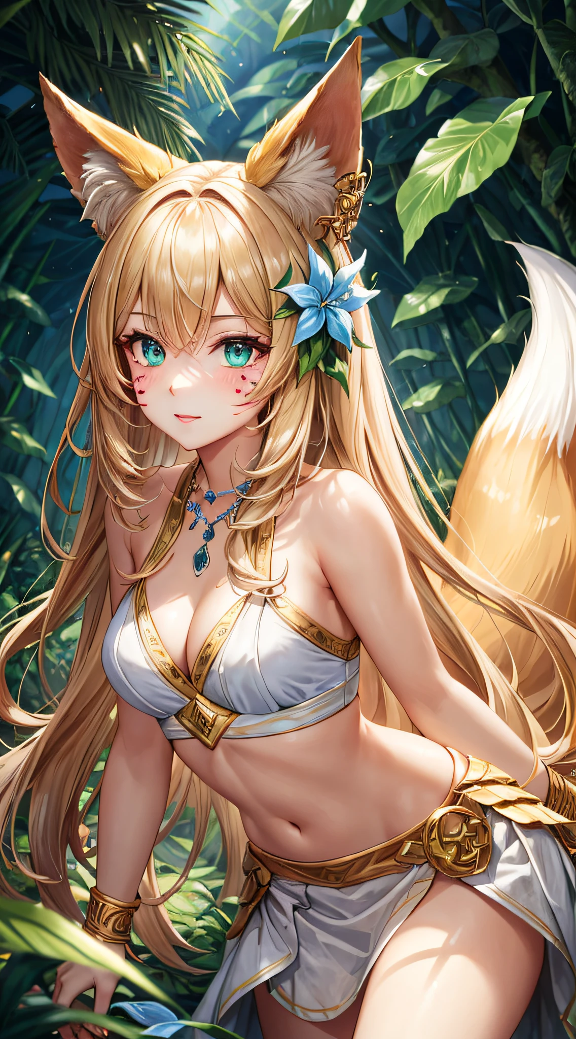 Best quality, Intricate details, 1girll,Ali,fox ear,fox tails,KDA Tanuki,Golden hair,league of legend,Bend over,watchfulness, facial marks, hair adornments, hair flower, necklace, Crop topping,white skirt,ln the forest, jungles, the rainforest, A plant, Green trees,Laser feeling,Super perfect face,perfect eyes,good-looking face,Crystal tail,Lots of tails,perfect eyes