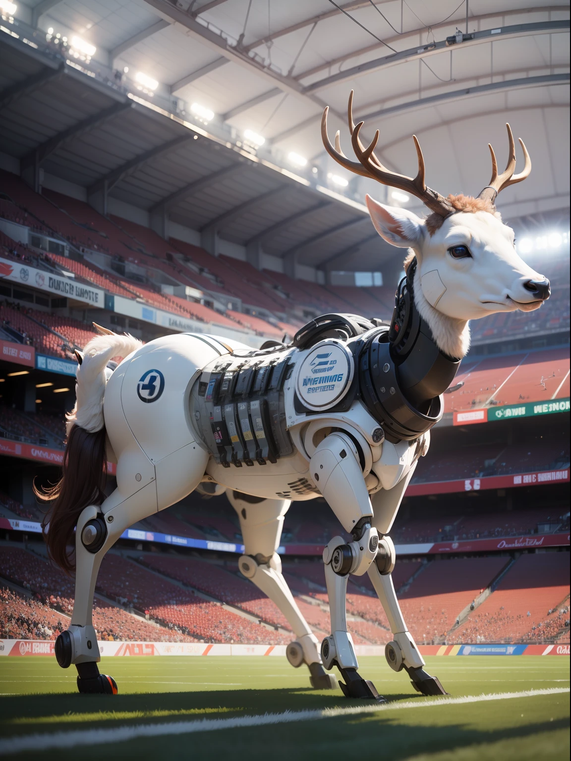 White robot deer, Displayed on the large screen of the stadium, Sporting events in progress, detail, Surreal, Third angle, wide angles, Panoramic defocus