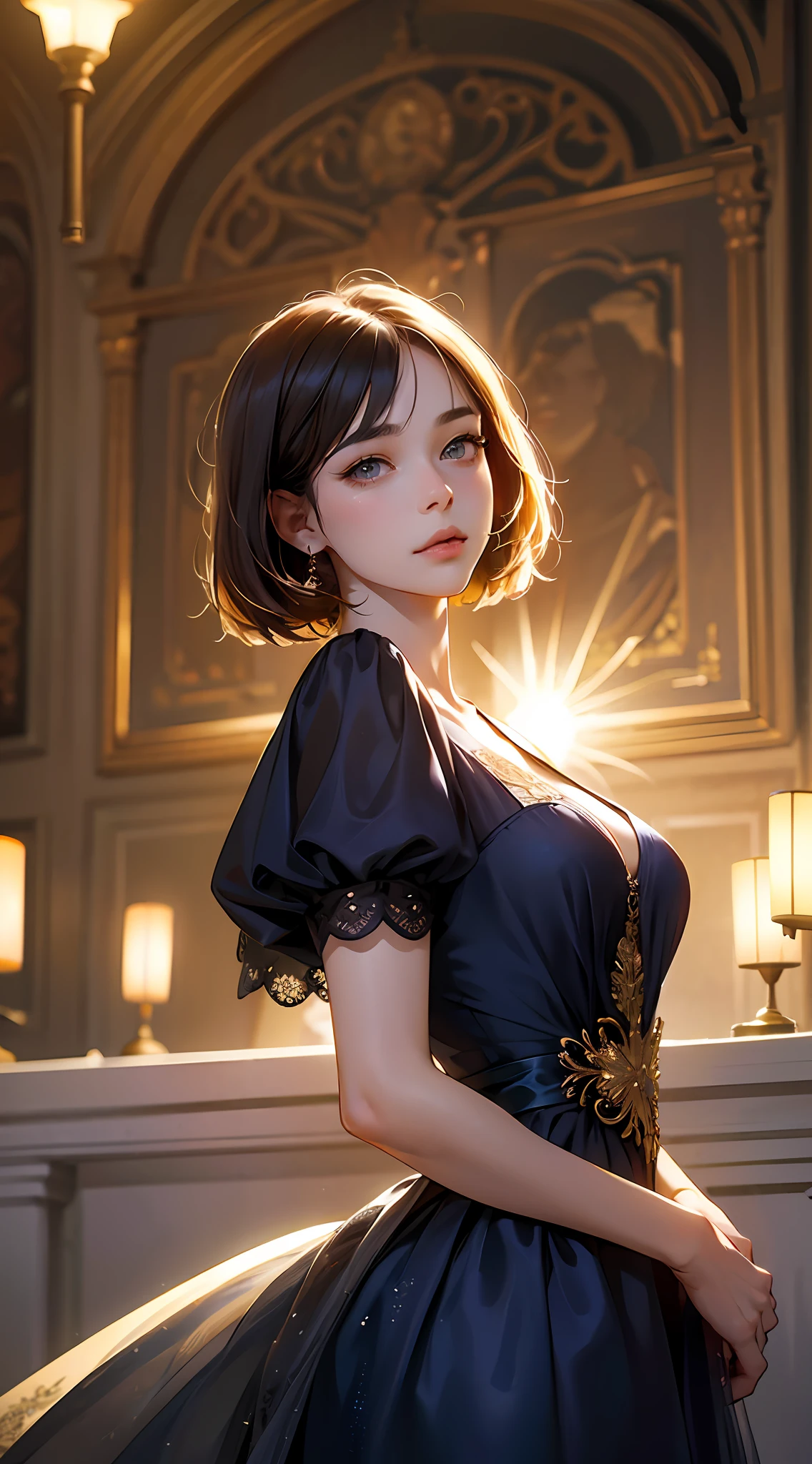 (airport:1), PM, (Dark blue gown:1), Golden Fringe Shorthair, Light brown eyes, 1girl in, 20yr old, Innocence, (Photorealsitic), (intricate-detail:1.2),(masterpiece, :1.3),(top-quality:1.4), (超A high resolution:1.2), 超A high resolution, (A detailed eye), (detailed facial features), nffsw, 8K分辨率, (lensflare:0.7), Looks Back,