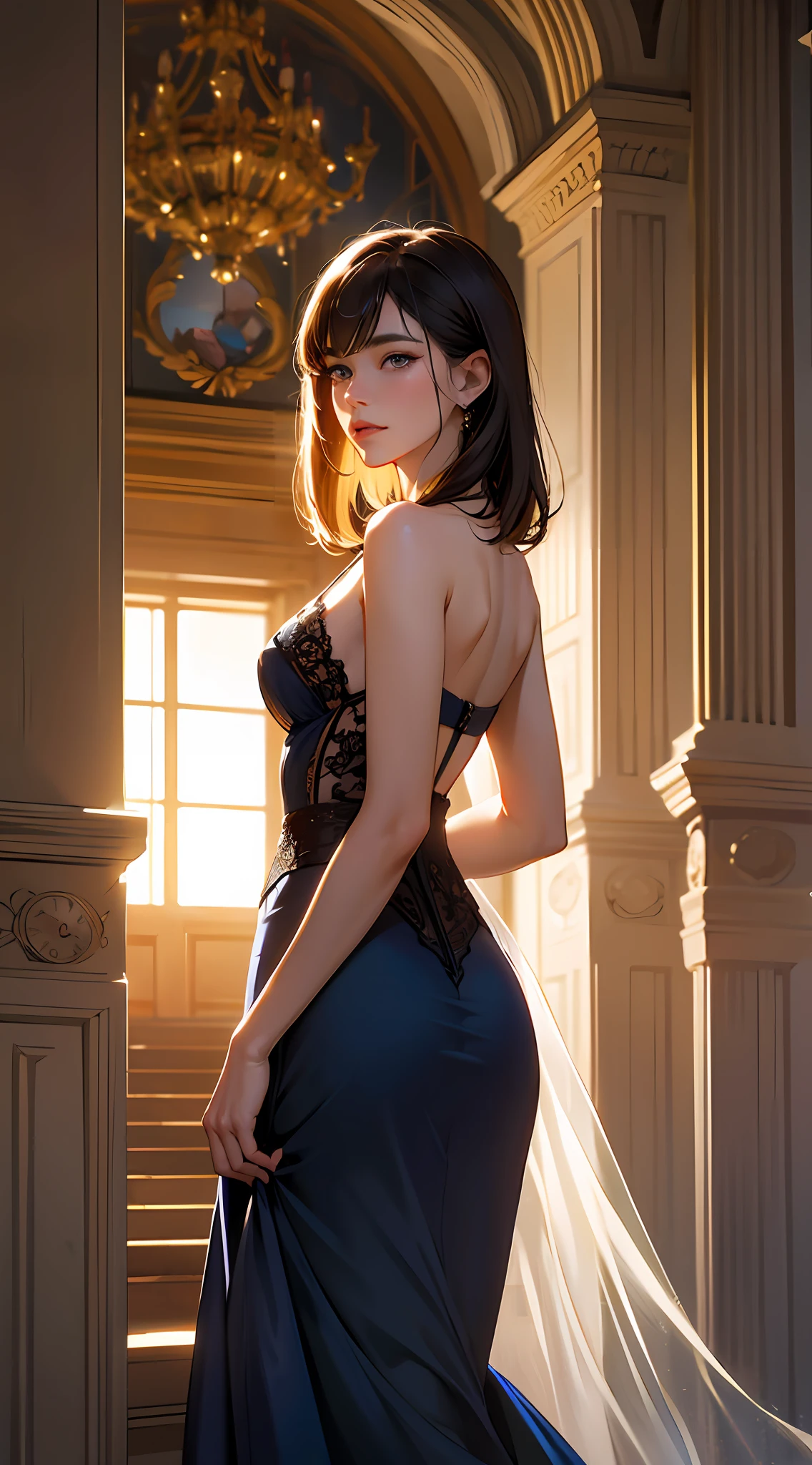 (airport:1), PM, (Dark blue gown:1), Golden Fringe Shorthair, Light brown eyes, 1girl in, 20yr old, Innocence, (Photorealsitic), (intricate-detail:1.2),(​masterpiece, :1.3),(top-quality:1.4), (超A high resolution:1.2), 超A high resolution, (A detailed eye), (detailed facial features), nffsw, 8K分辨率, (lensflare:0.7), Looks Back,