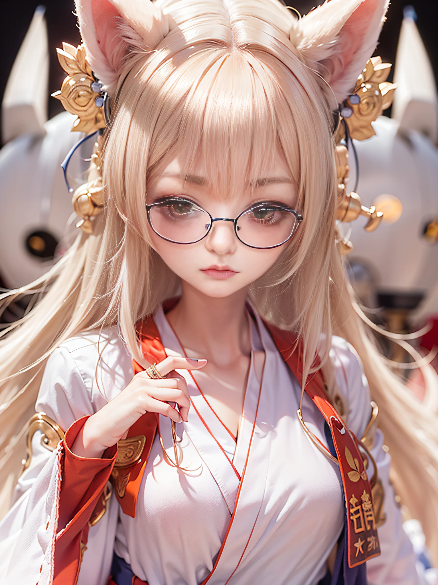 masutepiece, ccurate, Super Detail, Textured skin, high details, High quality, awardwinning, Best Quality, 8K, hight resolution,Sense of fate、top-quality、Master Layout、full body Esbian、extra detailed face, real looking skin, Realistic body,blond woman in a,a blond,Anime girl with long blonde hair, straight haired,((Demon Fox))、((Fox ears:1.5))、thin head、(Orange Eyes:1.6)、Tsurime、Wearing glasses,((small tits,Thin leg,skinny thigh)),slim figure,Young beautiful girl、Young skin type、extremely detailed eye and face、beatiful detailed eyes,Beautiful skins,finely detail、((shrine maiden clothe:1.5))、((Independent white sleeves:1.5)), ribbon-trimmed sleeves、japanese kimono, In a white kimono,Hakama、((Long skirt and red hakama:1.8))、Red Hakama、(deep in the night）、(torii gate、Mysterious shrine、Fantastic Moon)、(Moonlight、Midnight Shrine)、Amazing effect,eye glasses,