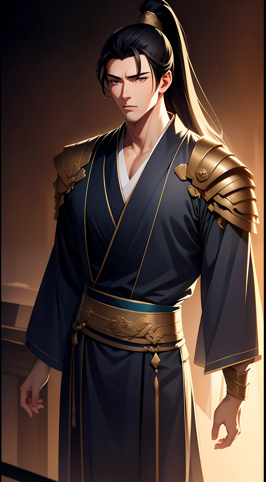 quadratic element，style of anime，mtu（Male Warrior），musculature，The proportions are correct，Face details，swordsmen，High ponytail hairstyle，Neck details，There is an Adam's apple，Black Hanfu，kaftan，Embroidered robes，Black robe，clothes details，Handing over，longer sleeves，Game quality，Swordsmanship，Light and shadow tracking，Ray traching，detailed glow，cg render，hair detail，cabelos preto e longos，Golden eyes，Handsome，Handsome，Beads of sweat slipped down my neck，（juvenile sense），Clothing is complicated，Perfectcomposition，Refinement，high qulity，higher details，Lots of details，The background is complex，a sense of atmosphere，