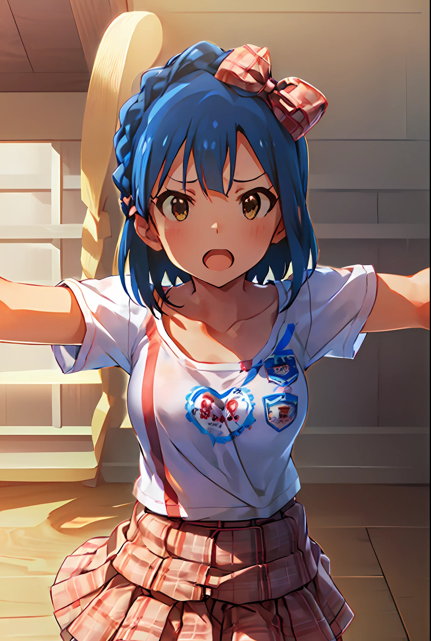 yuriko nanao (million live). Short stature. (((white t-shirts))).(((Skirt))).(((masterpiece))).(((best quality))).((Ultra-detailed))).(((illustratio))). (((Spread your arms))).(((a room))).(((up chest))).Despair face.(((short-hair))).((big breasts)).((Opening Mouth)).