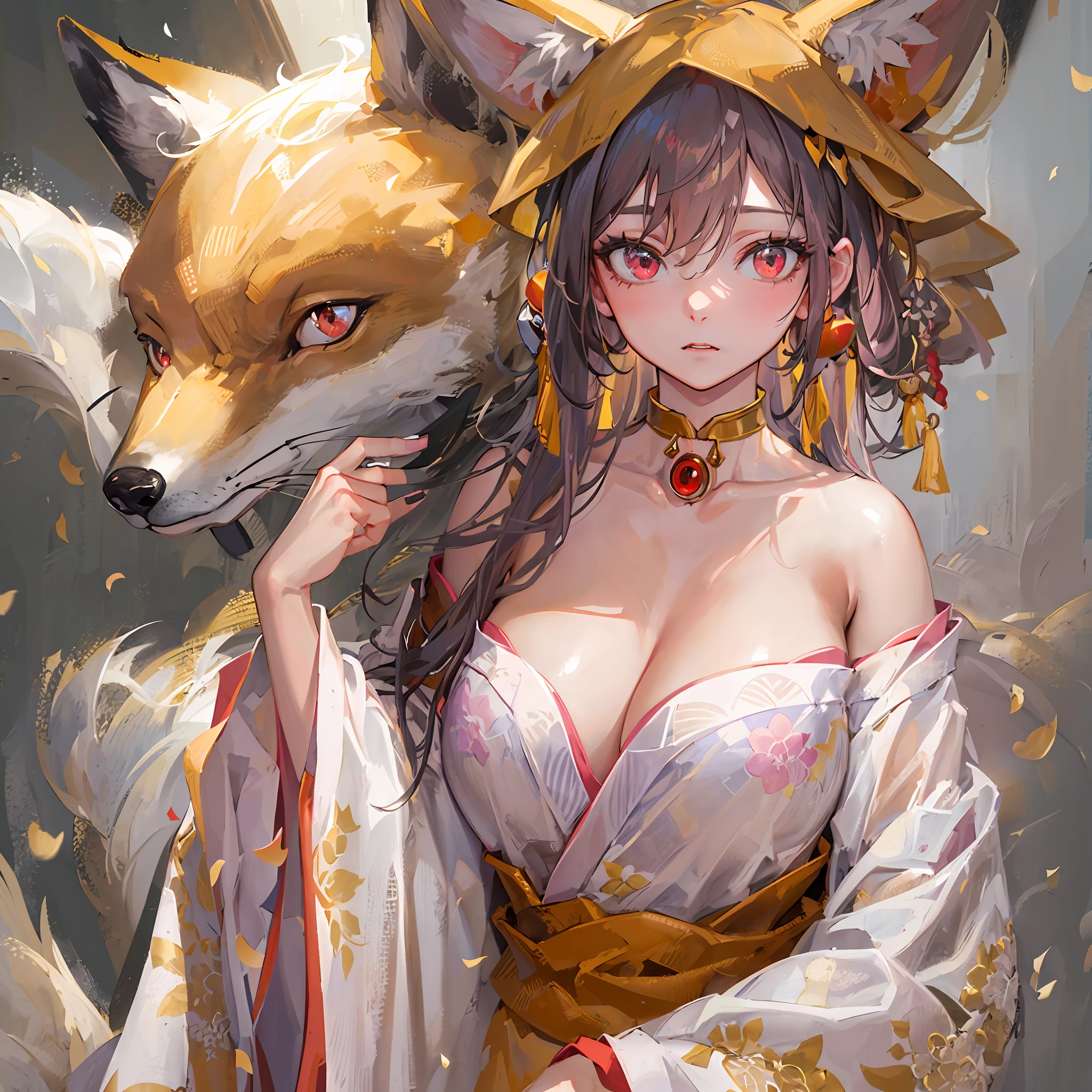 (Best quality), (masterpiece:1.3), (photorealistic:1.36), (realistic), ultra-detailed, 1Sexy beauty, collarbone, large tasty, cleavage (between breasts), This depicts a fox disguised as a female, dressed in off-the-shoulder kimono clothing, an golden fox with red eyes in the background, the twilight, stand on the land, Lateral, looking at viewer,