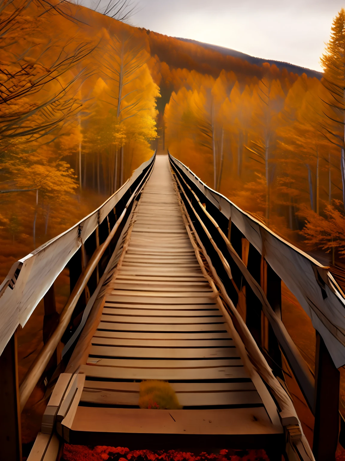 You are crossing a very dilapidated wooden bridge.  Many of the wooden floors have been broken and pulled out.  At the end of the bridge there appeared to be a trail covered with briars.  Describe the situation with an emphasis on atmosphere, space, shape and lighting.