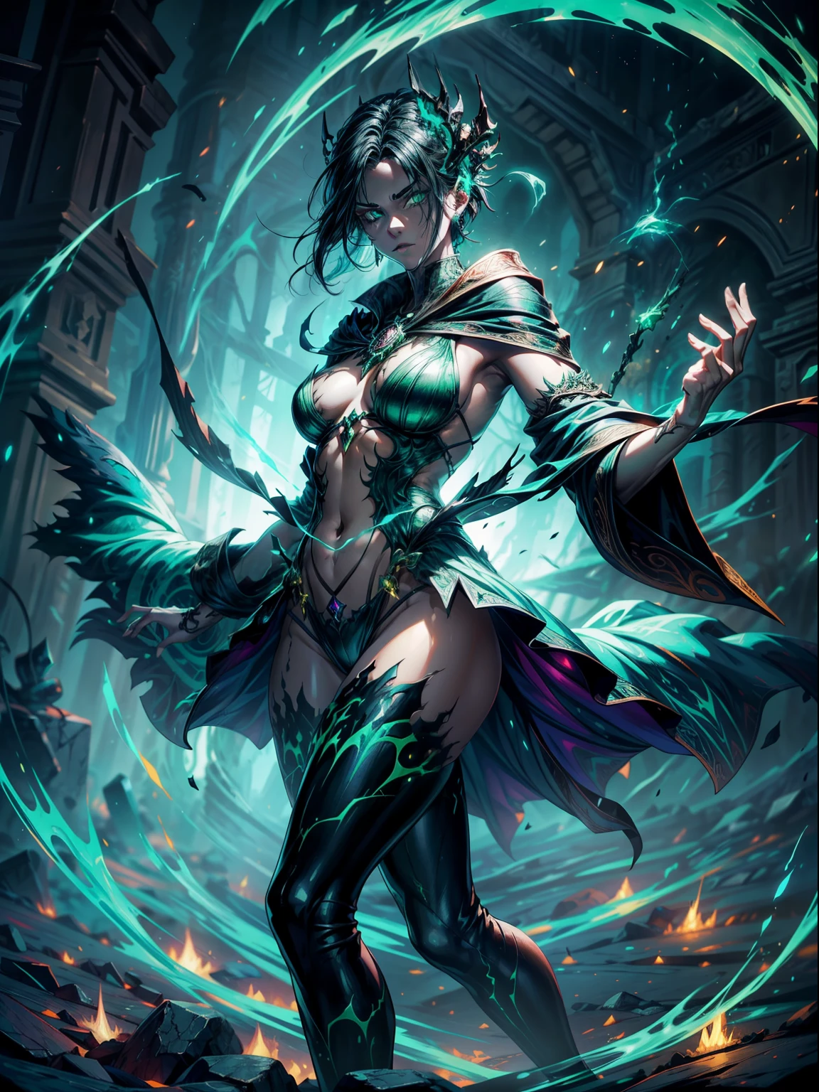 "Amidst a mystical ancient ruin, a powerful Necromancer stands at the center, surrounded by swirling emerald green flames. The photorealistic image captures the intensity of the flames as they dance and crackle around the sorcerer, illuminating the dark surroundings. The camera captures a medium shot with a sharp focus lens, showcasing the intricate details of the Necromancer's robes and the flickering flames. The lighting highlights the contrast between the eerie green glow and the deep shadows, adding an air of mystery and danger to the scene. The resolution should be 8K to ensure every detail of the arcane symbols and flames is rendered with precision and realism."