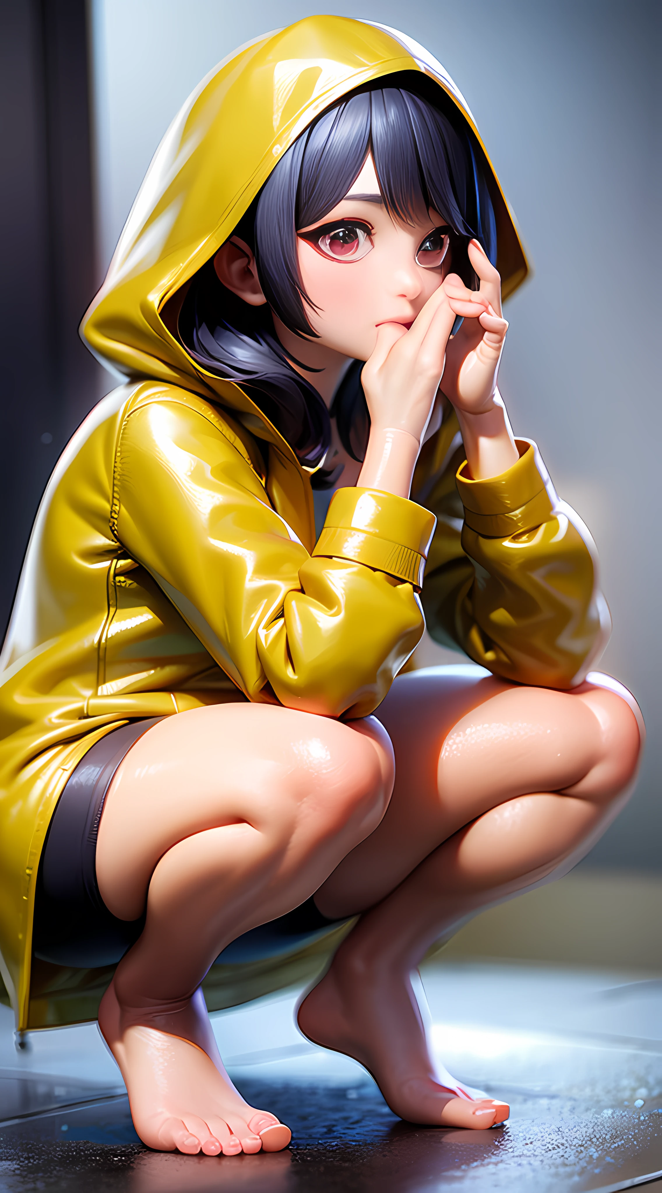 Girl in a yellow cropped raincoat，Raincoat hood to cover face，Optimize hand movements，Optimize finger detail，full body pov，Squat position，Barefoot，Accentuate the texture of raincoats and gelcoats，Accentuates the translucent texture of the raincoat