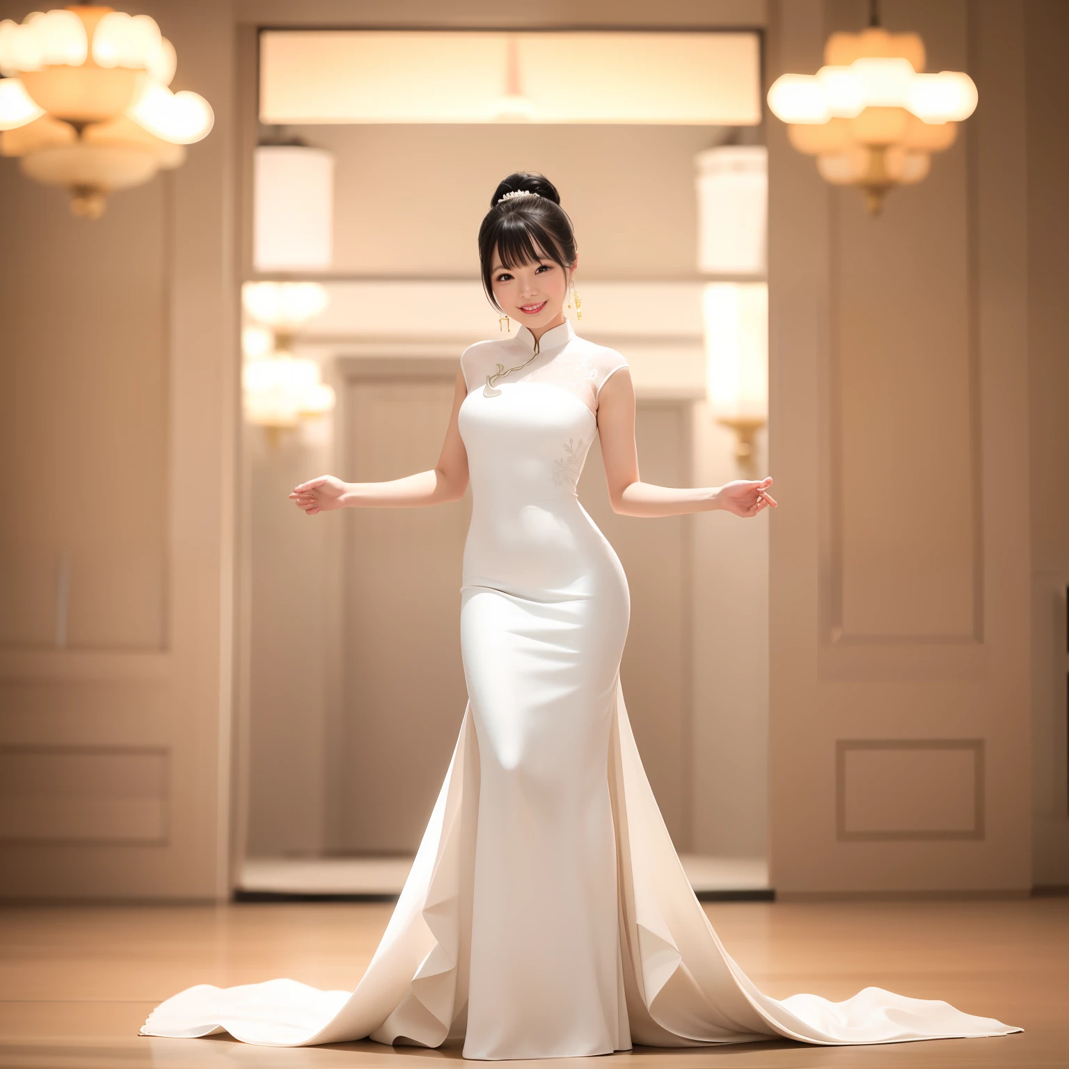 there is a woman in a white dress standing in a room, elegant japanese woman, elegant smiling pose, doing an elegant pose over you, Cheongsam, Chinese woman, Chinese dress, doing an elegant pose, stunning elegant pose, Elegant Pose, posing elegantly, Photo taken with Nikon D750, Photo taken with Nikon D 7 5 0