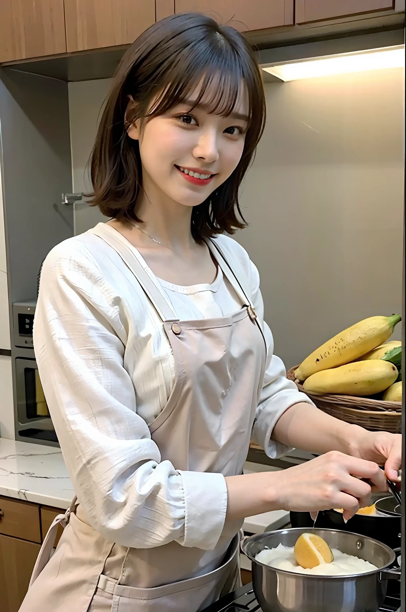 a woman is cooking、(kitchin_Apron:1.Wear 3)、Good Hand、4K、hight resolution、​masterpiece、top-quality、Cap:1.3、((Hasselblad photo))、Fine skin、foco nítido、(lighting like a movie)、Soft lighting、dynamic ungle、[:(详细的脸:1.2):0.2]、Medium chest、sweats streamed skin:1.2、(((In the kitchen))) A smile　Beautiful profile　Colossal tits　Beautiful body　Tying hair　Wide background々and a luxurious living room　Luxurious and luxurious living　Luxurious living room　Beautiful living room　Beautiful living room　A smile　an orange　lemons　A smile　Laughing　banana in　pineapple　Luxurious room