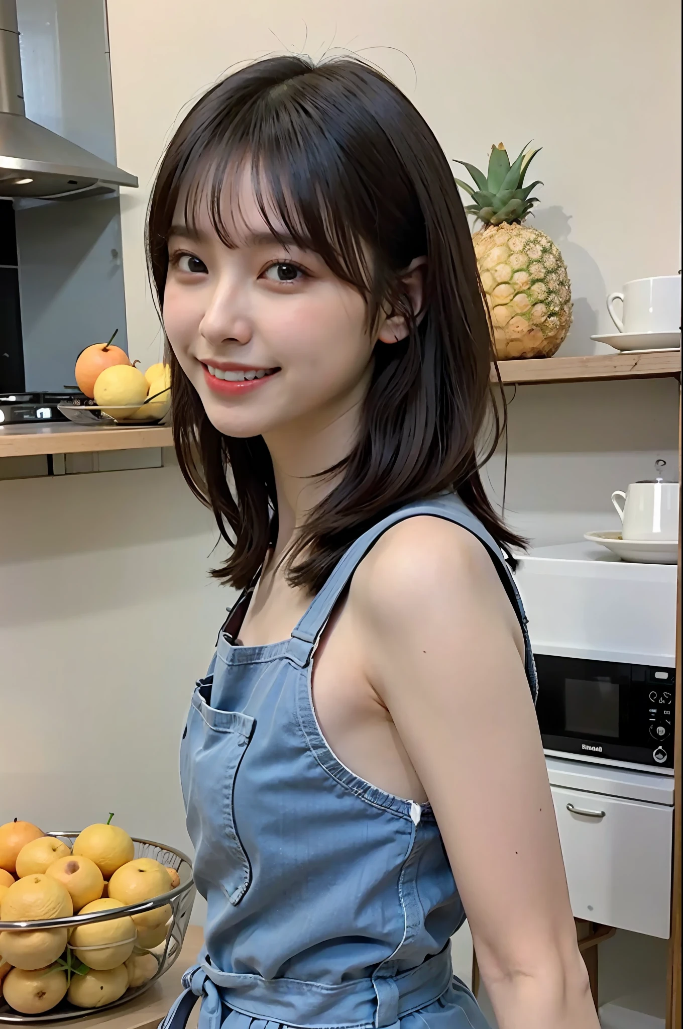 a woman is cooking、(kitchin_Apron:1.Wear 3)、Good Hand、4K、hight resolution、​masterpiece、top-quality、Cap:1.3、((Hasselblad photo))、Fine skin、foco nítido、(lighting like a movie)、Soft lighting、dynamic ungle、[:(详细的脸:1.2):0.2]、Medium chest、sweats streamed skin:1.2、(((In the kitchen))) A smile　Beautiful profile　Colossal tits　Beautiful body　Tying hair　Wide background々and a luxurious living room　Luxurious and luxurious living　Luxurious living room　Beautiful living room　Beautiful living room　A smile　an orange　lemons　A smile　Laughing　banana in　pineapple　Luxurious room