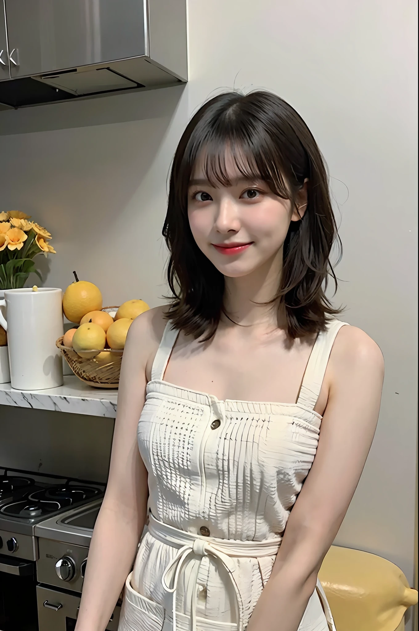 a woman is cooking、(kitchin_Apron:1.Wear 3)、Good Hand、4K、hight resolution、​masterpiece、top-quality、Cap:1.3、((Hasselblad photo))、Fine skin、foco nítido、(lighting like a movie)、Soft lighting、dynamic ungle、[:(详细的脸:1.2):0.2]、Medium chest、sweats streamed skin:1.2、(((In the kitchen))) A smile　Beautiful profile　Colossal tits　Beautiful body　Tying hair　Wide background々and a luxurious living room　Luxurious and luxurious living　Luxurious living room　Beautiful living room　Beautiful living room　A smile　an orange　lemons　A smile　Laughing　banana in　pineapple　Luxurious room