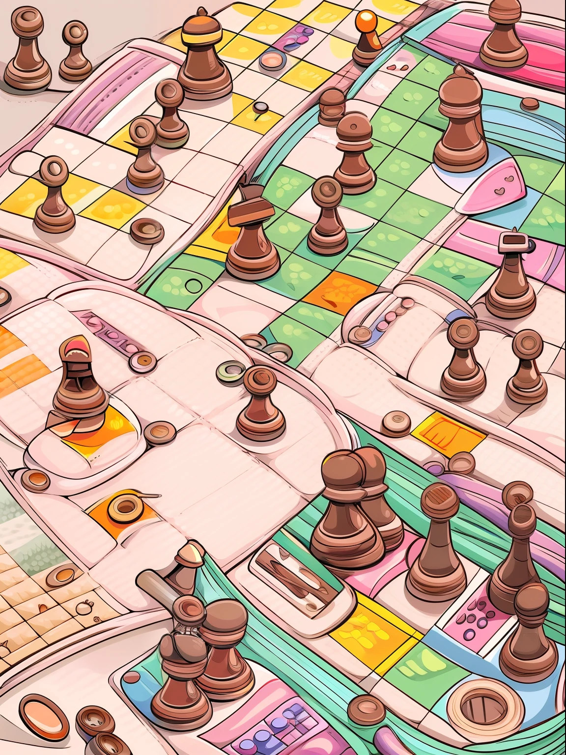 Game board with no chess peices design sketch, draft, sketched, on paper, graphical, flat, linear, 2D style, simplistic, bright colors, maze, game board, game design, family games, chess, tabletop board game, chess, game design concept, stategy game, game illustration