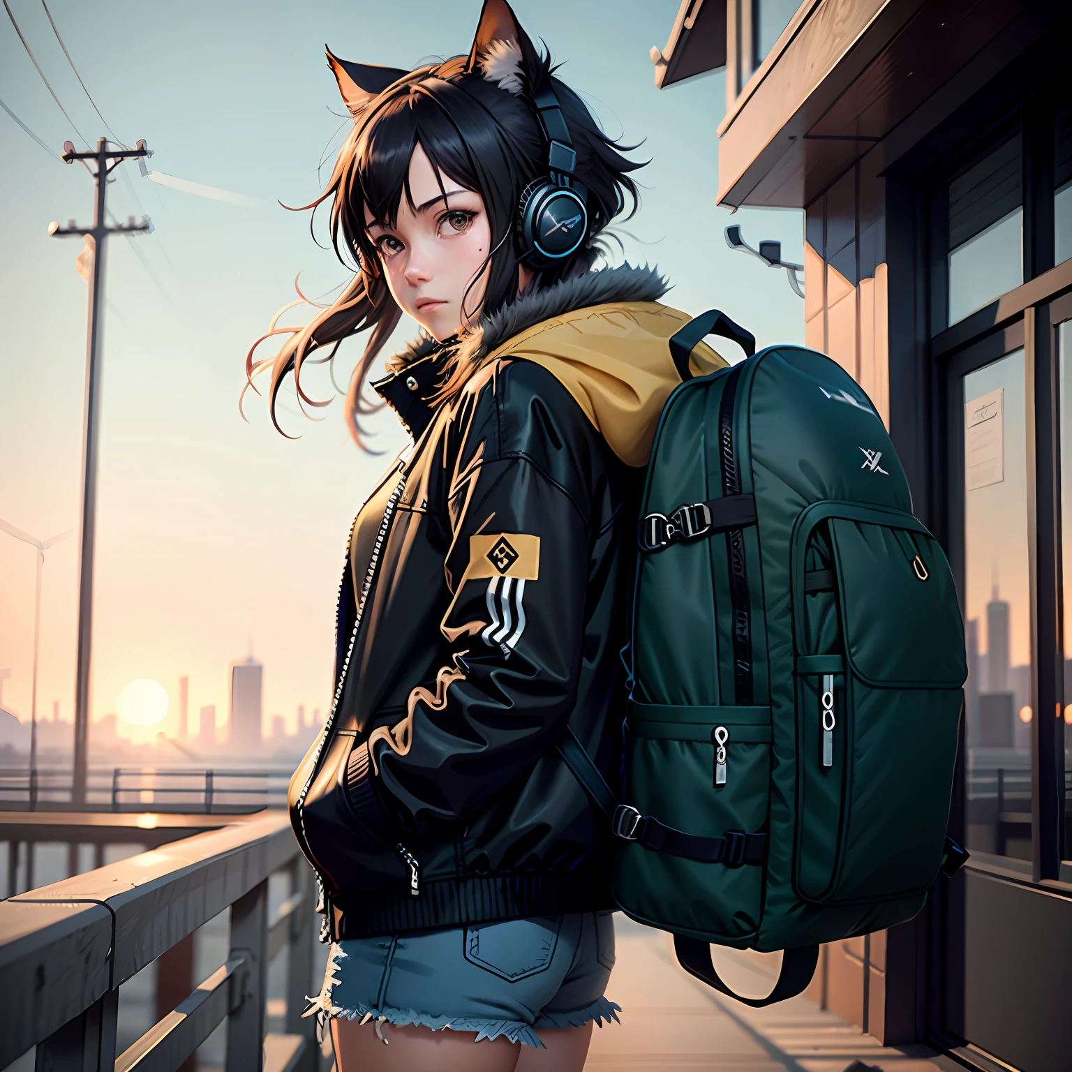 1girll，jaket，Sateen，exteriors，hoody，Open jacket，chain，backpacks，Look at the other person，messy  hair，dual horsetail，headphones with cat ears，Trends on ArtStation，8K分辨率，The is very detailed，anatomically correcte，Sharp images，digitial painting，concept-art，Trends on pixiv，Estilo de Makoto Shinkai，