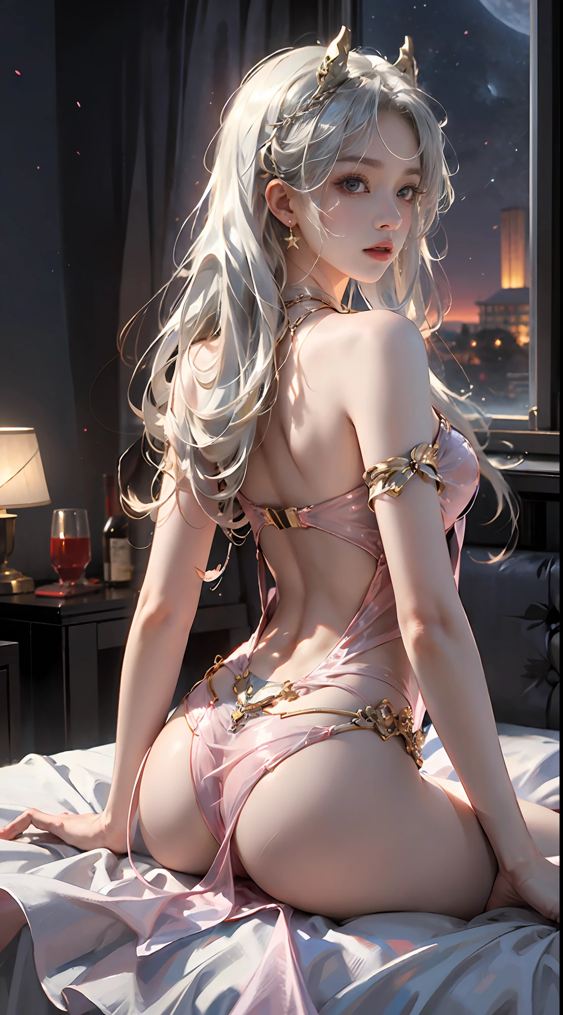 (top-quality、tmasterpiece:1.2)，s girl，Silver hair、Smooth skin、Smooth legs、Busty body，Long red transparent dress，Moon，onbed，Riding position，Visible on the back，Butt visible，