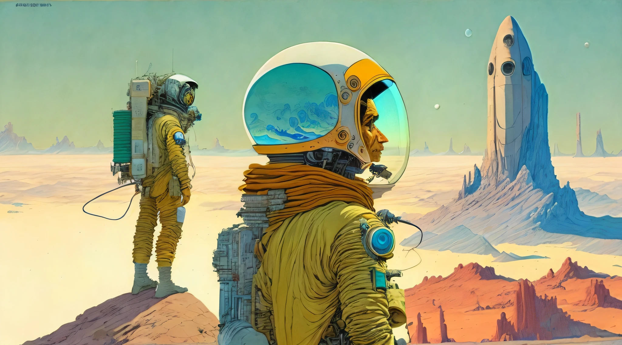 a painting of a Astronaut in Space Suit, standing on a cliff with a large spaceship in the background by Moebius Jean Giraud