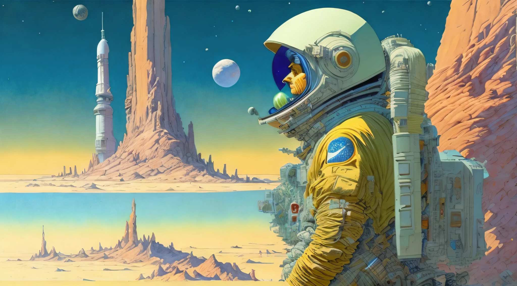 a painting of a Astronaut in Space Suit, standing on a cliff with a large spaceship in the background by Moebius Jean Giraud