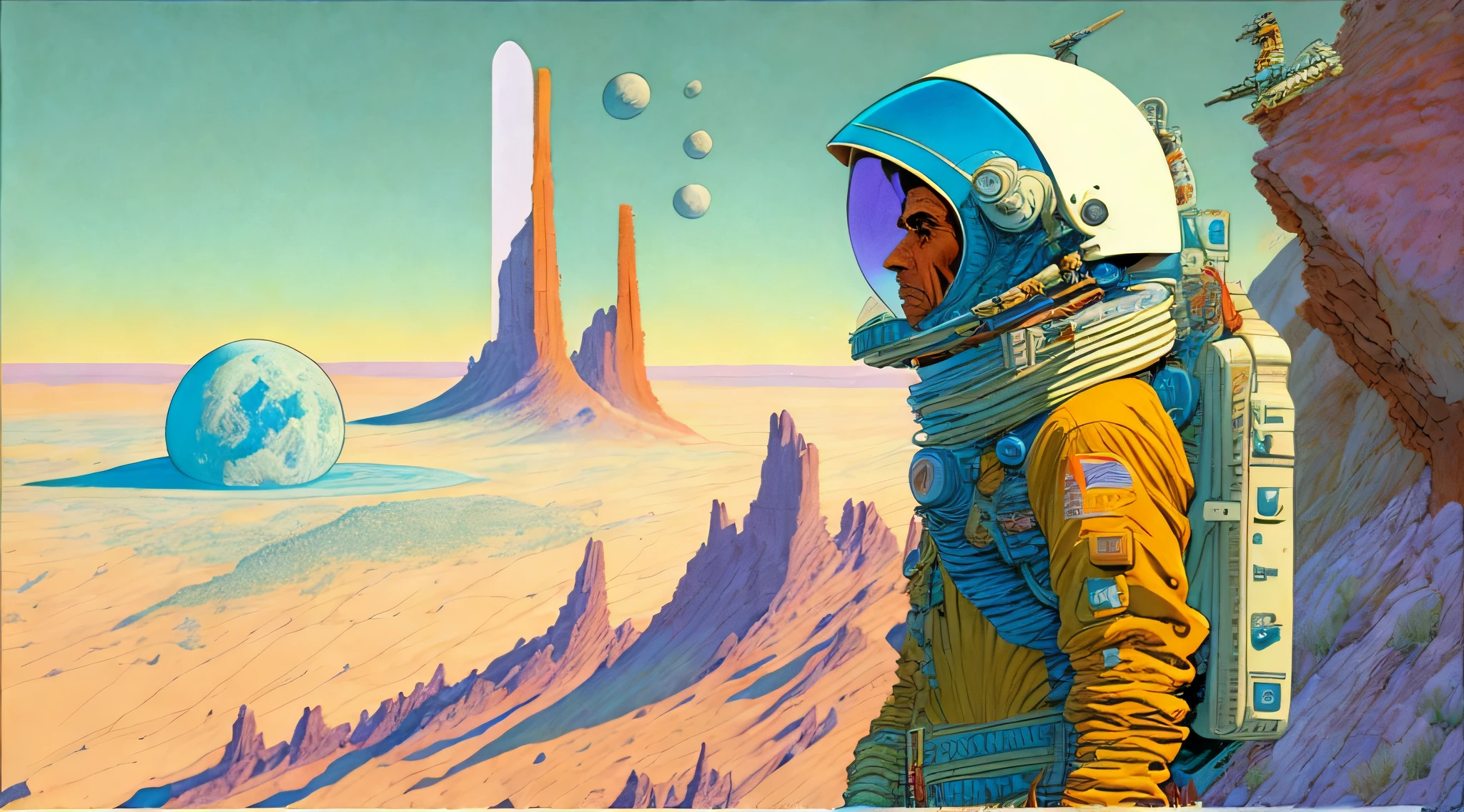 a painting of a Astronaut in Space Suit, standing on a cliff with a large spaceship in the background by Moebius Jean Giraud