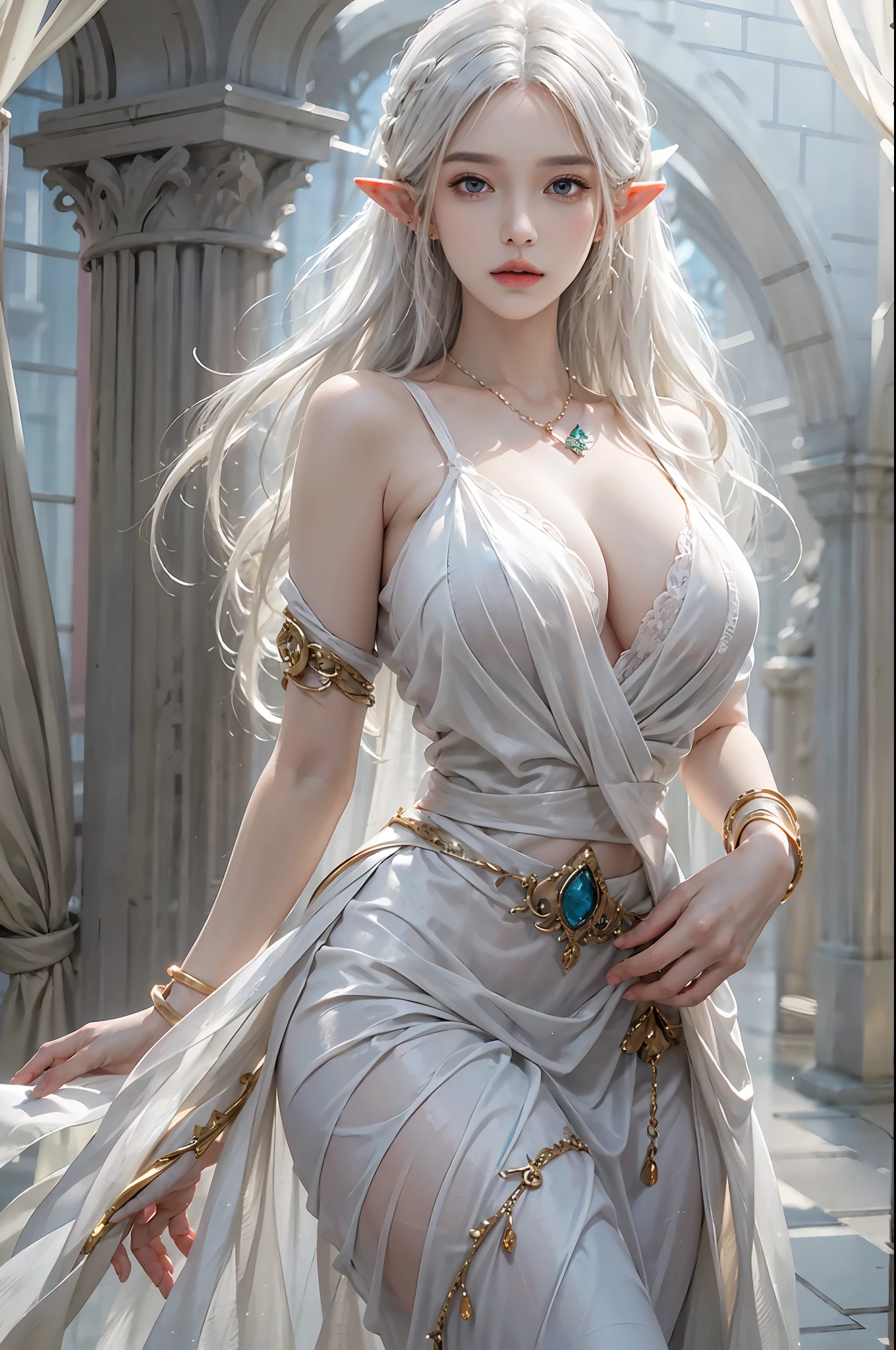 photorealistic, high resolution, 1 woman, solo, hips up, detailed face, beautiful eyes, narrow waist, white hair, long hair, huge breast, bracelets,elegant necklace, elegant diamond earrings, queen dress, earrings, elf, fantasy
