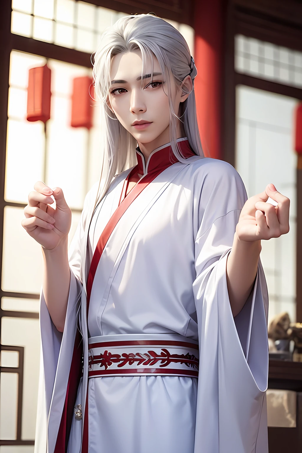 mtu，oriental face，Long silver hair，Chinese costume，mtu，white  clothes，Lean，Handsome，delicated，