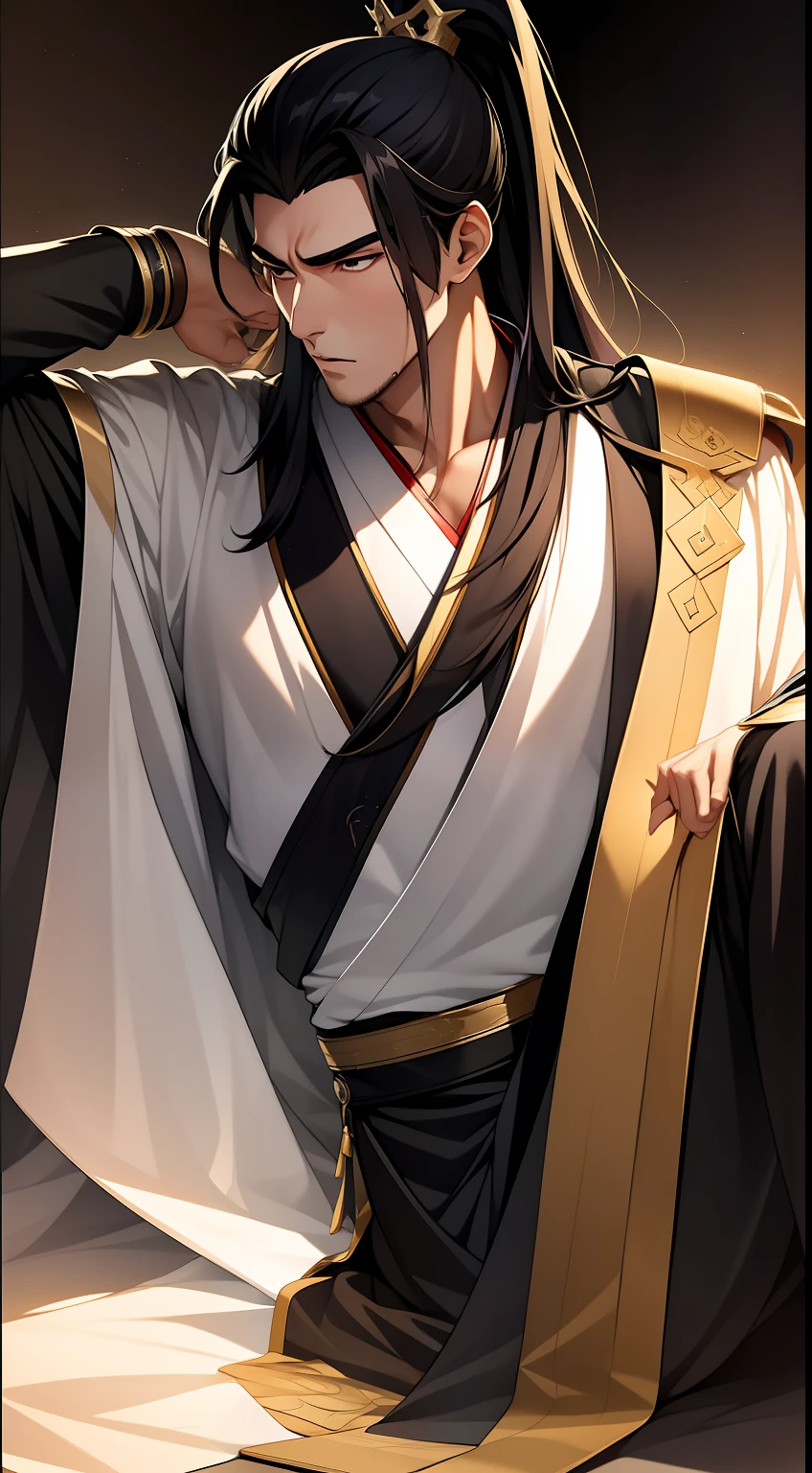 quadratic element，style of anime，mtu（Male Warrior），The proportions are correct，Face details，swordsmen，High ponytail hairstyle，Neck details，There is an Adam's apple，Black Hanfu，kaftan，Embroidered robes，Black robe，clothes details，Handing over，longer sleeves，Game quality，Swordsmanship，Light and shadow tracking，Ray traching，detailed glow，cg render，hair detail，cabelos preto e longos，Golden eyes，Handsome，Handsome，（juvenile sense），Clothing is complicated，Perfectcomposition，Refinement，high qulity，higher details，Lots of details，The background is complex，a sense of atmosphere，