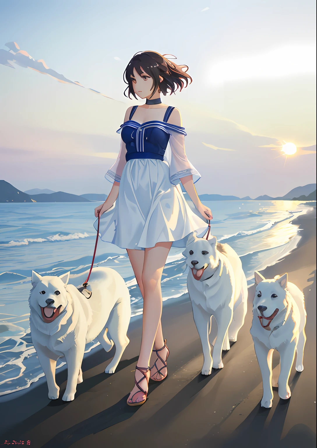 A 20-year-old girl,Take an early morning stroll by the sea,Always on a leash of big white dogs,There is a slight leaky sun in the distance,Full of vitality