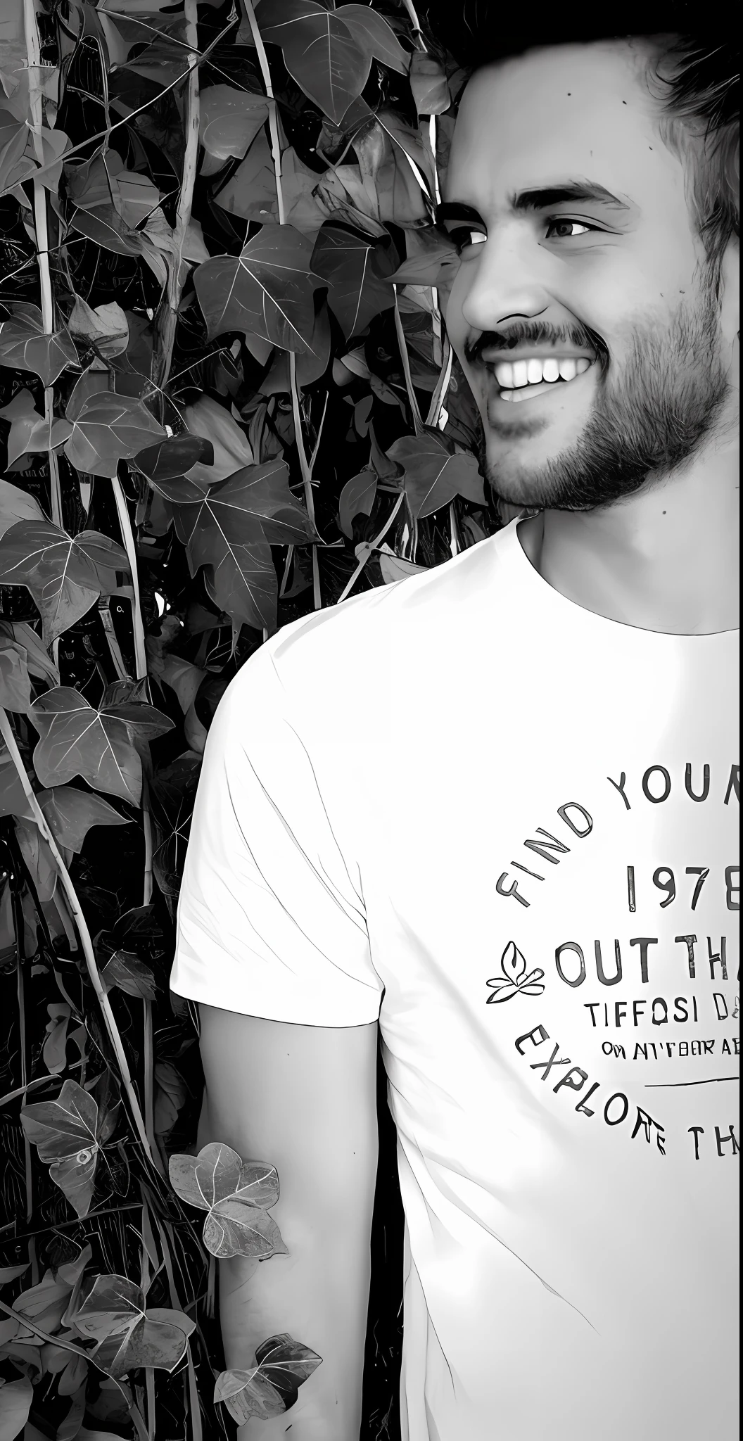 homem com barba e camisa branca sorrindo, exploration, amidst nature, cheio de detalhes, outlive streetwear collection, Sentindo a Natureza, Close Up foto retrato, medium shot portrait, O homem encontra a felicidade, vestindo uma camiseta, natureza fora, Homem de Branco T - Camisa, imagem de perto, medium closeup shot, ao ar livre