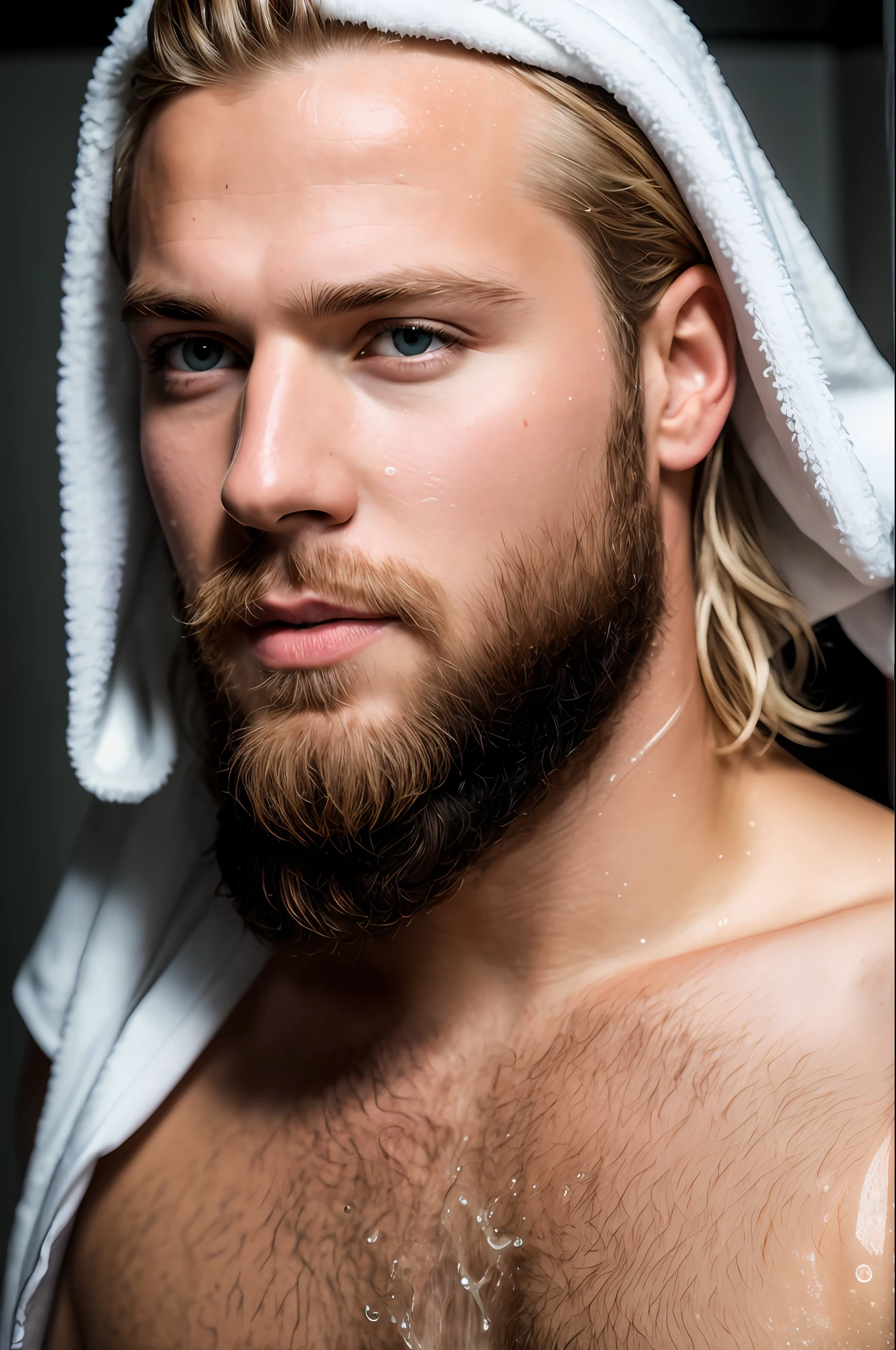masterpiece, best quality, 8k, raw, canon 5d, f/1.8, iso 6400, RAW Photo,
A handsome blond man with a beard taking a shower in white underwear, (Best Quality), (Ultra Sharp), (Ultra Realistic), (Ultra Resolution), (Ultra Detailed), (Ultra Definition), 8k, HD, realistic image , DSLR , detailed skin, detailed face, hyper realistic, (highly detailed skin: 1.2), 8k uhd, dslr, soft lighting, high quality, film grain, Fujifilm XT3