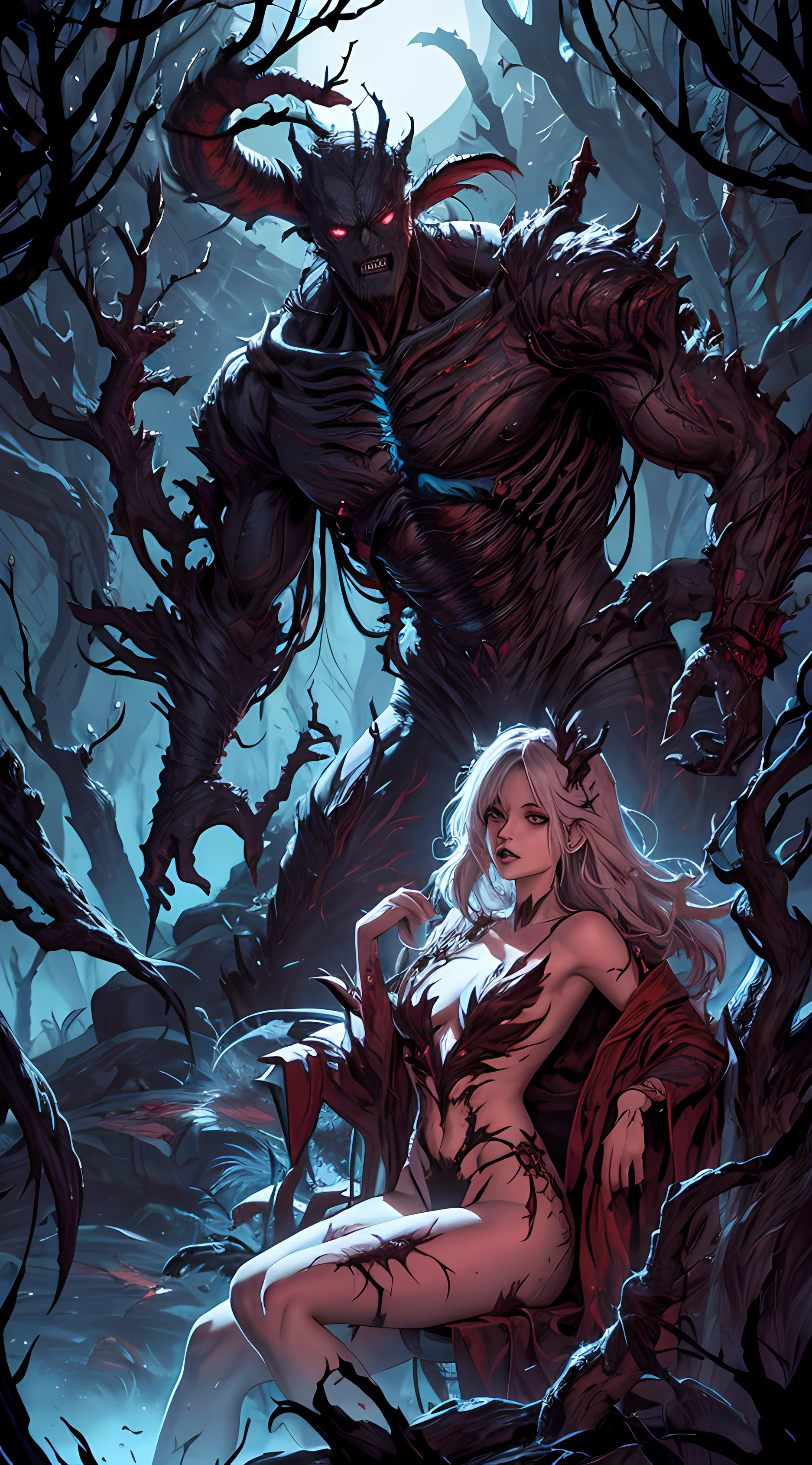 Leshens, spriggan, sorceror of the forest, bone head, It was a massive creature, with gnarled branches for limbs and a twisted, woody body. Its eyes glowed with an otherworldly light and its voice was like the rustling of leaves in the wind. creature ,intricatre detail, intrinsic design, ambient lighting ,dark contrast, digital art, nightmare, hellish, cover art by Laurie Greasley, Carne Griffiths,Stanley artgerm style
