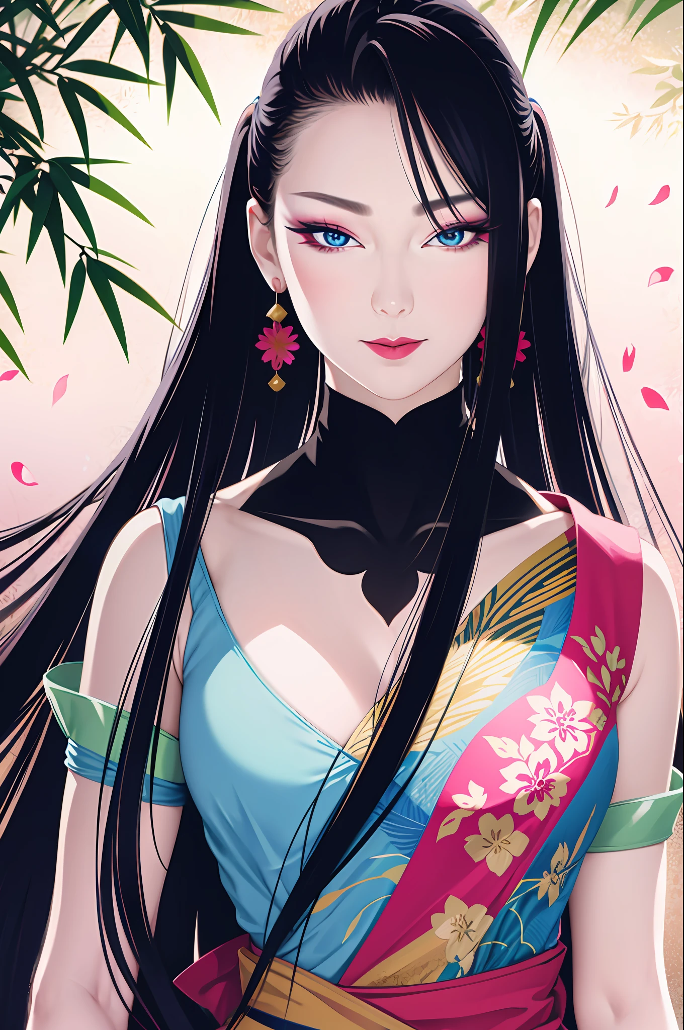 ichiro, ((Split color hair)), Illustration, 2D,
Super long hair,see through, Upper body,
, Pubic hair, 1girl in, Solo, ((mideum breasts)), Smile, (Super long hair:1.2), blue grey eyes, random colored hair, gloves, Dress, Bare shoulders, Jewelry, Upper body, earrings, Black Gloves, elbow groves, Hand up, random color, random color dress, makeup, lip stick, sakura petals pattern, bamboo leaves pattern, Rim Light, Back Light, pastel color,