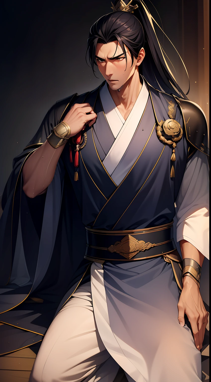 quadratic element,style of anime,mtu(Male Warrior),musculature,The proportions are correct,Face details,swordsmen,High ponytail hairstyle,perspired,Sweat on the face,drools,Neck details,There is an Adam's apple,Get wet,Drenched,Black Hanfu,kaftan,Embroidered robes,Black robe,clothes details,Handing over,longer sleeves,Game quality,Swordsmanship,Light and shadow tracking,Ray traching,detailed glow,cg render,hair detail,cabelos preto e longos,Golden eyes,Sweat on the face,Handsome,Handsome,Beads of sweat slipped down my neck,(juvenile sense),Clothing is complicated,Drenched,Get wet,Perfectcomposition,Refinement,high qulity,higher details,Lots of details,The background is complex,a sense of atmosphere,